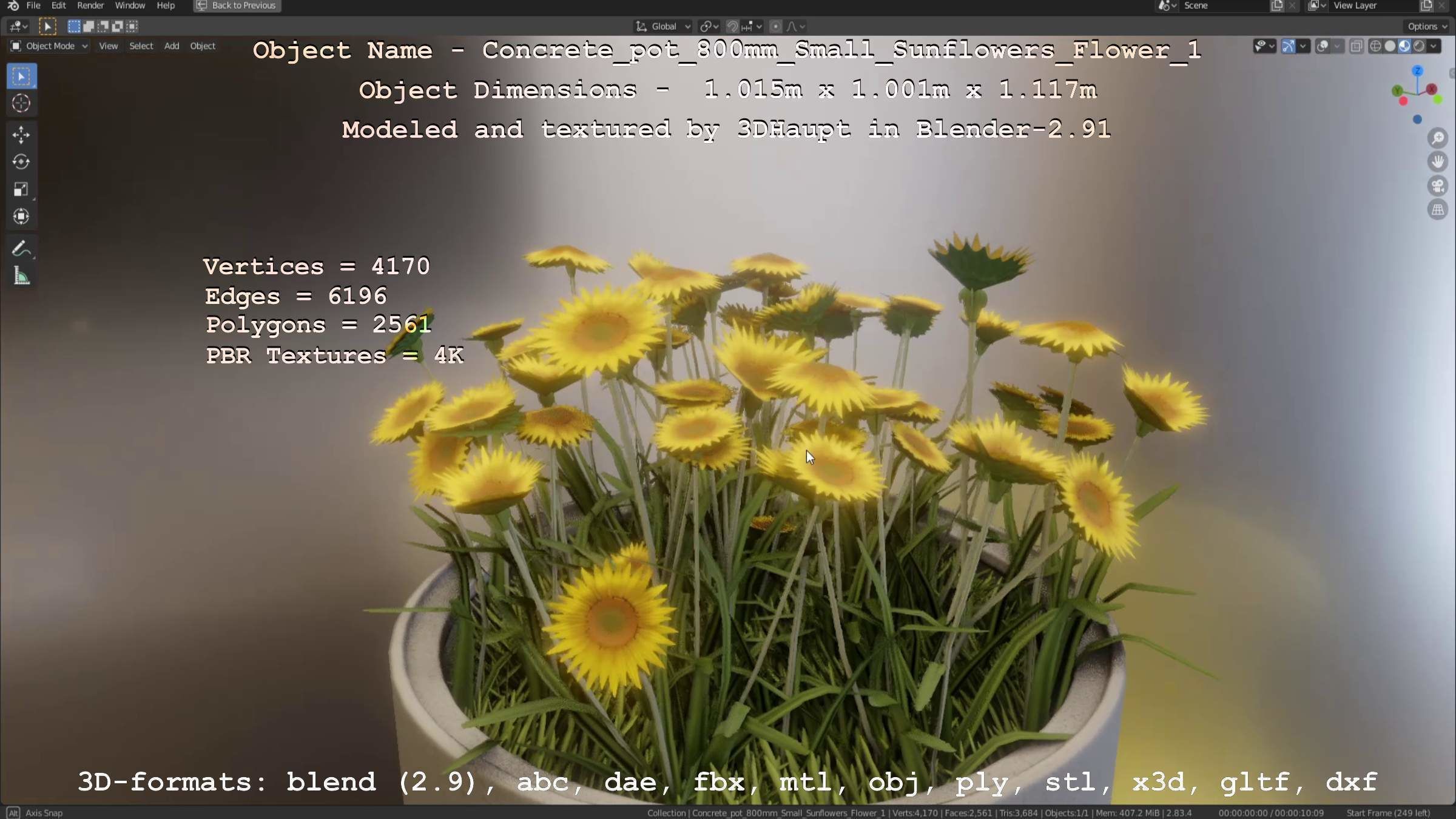 Concrete Pipe Pot 800mm Small with Sunflowers Version 1 Low-poly 3D model_93