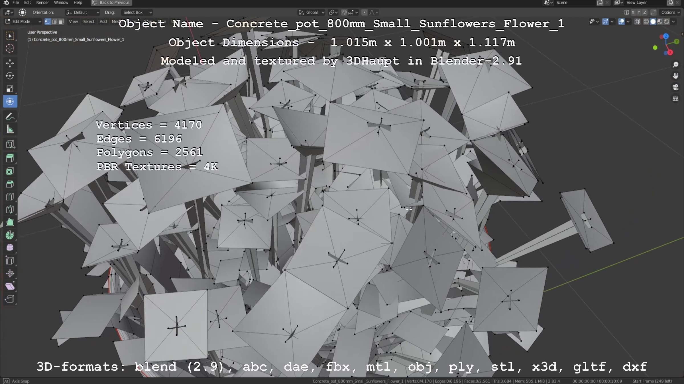 Concrete Pipe Pot 800mm Small with Sunflowers Version 1 Low-poly 3D model_9