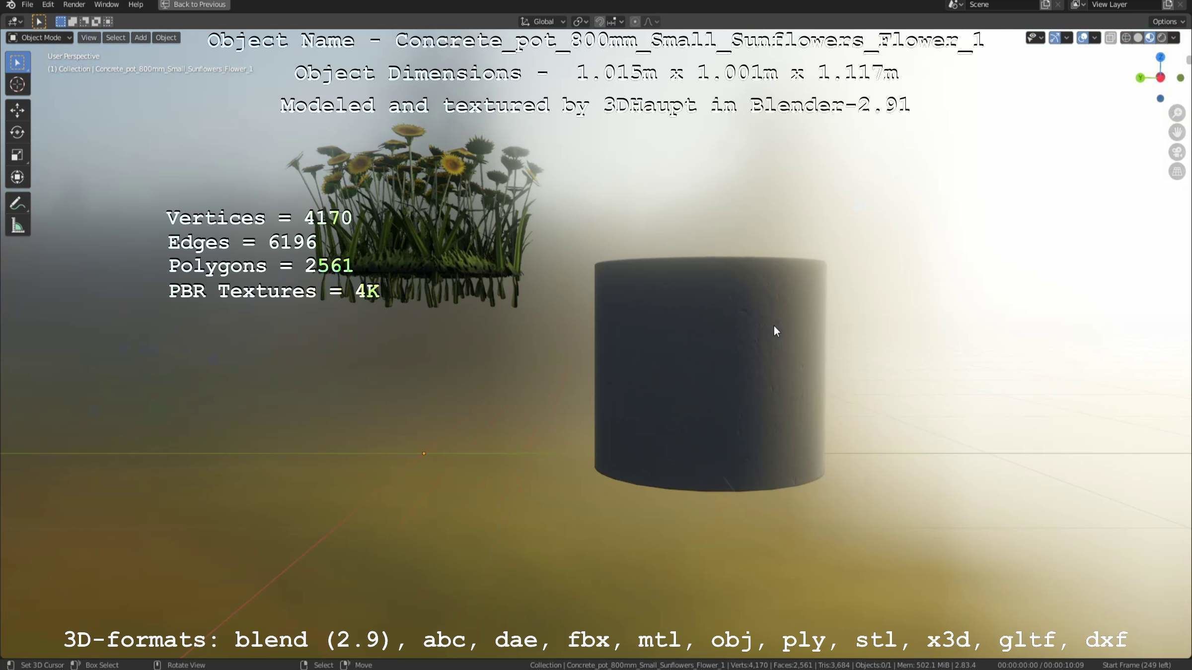 Concrete Pipe Pot 800mm Small with Sunflowers Version 1 Low-poly 3D model_29