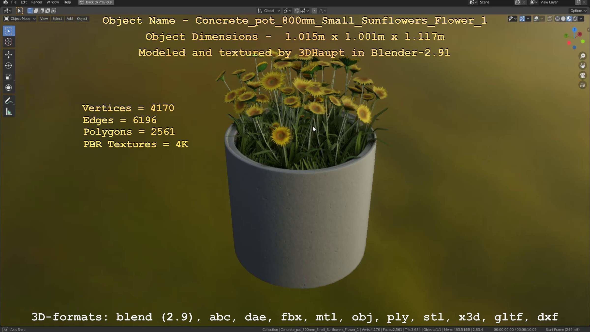 Concrete Pipe Pot 800mm Small with Sunflowers Version 1 Low-poly 3D model_118