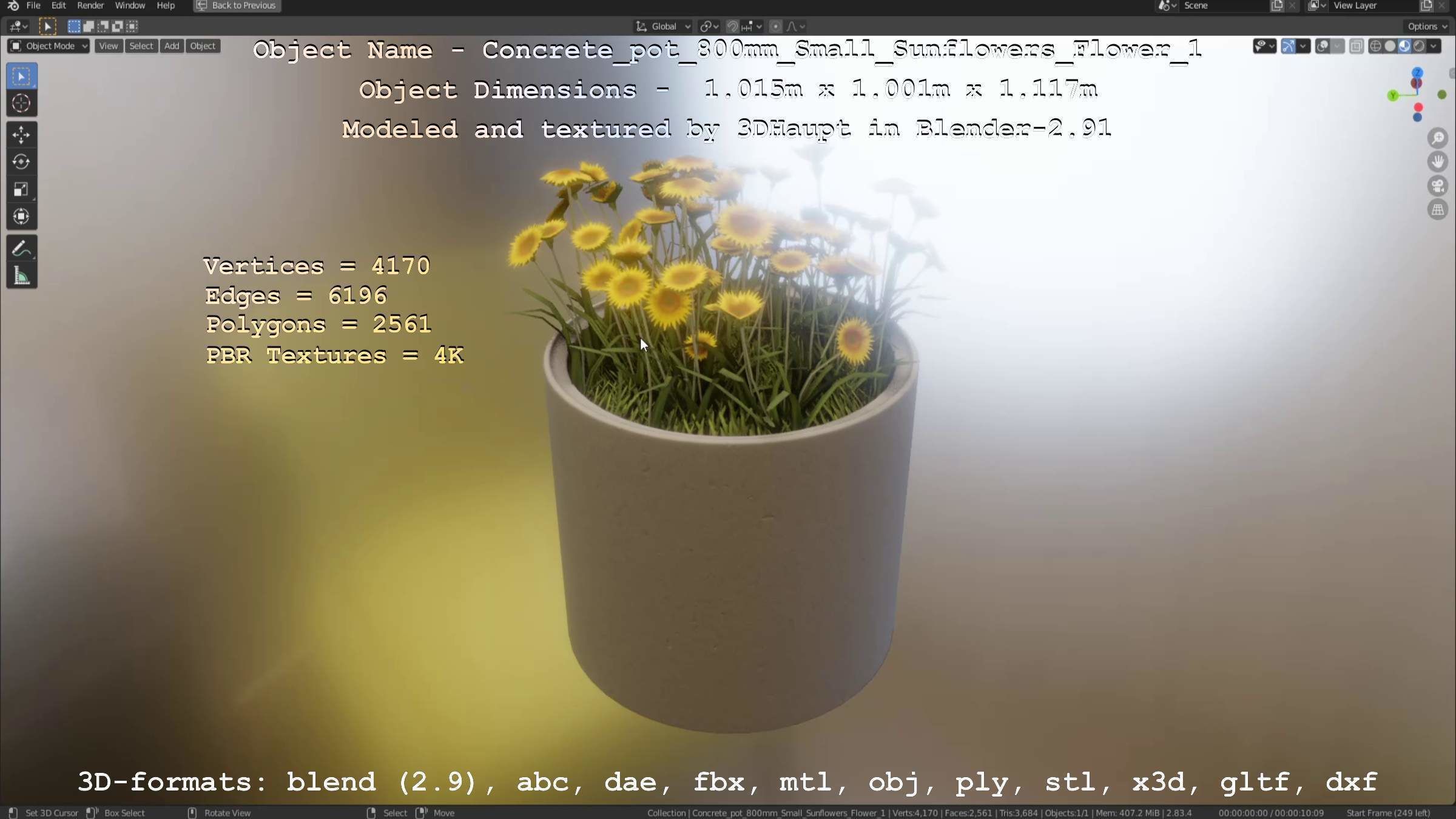 Concrete Pipe Pot 800mm Small with Sunflowers Version 1 Low-poly 3D model_83