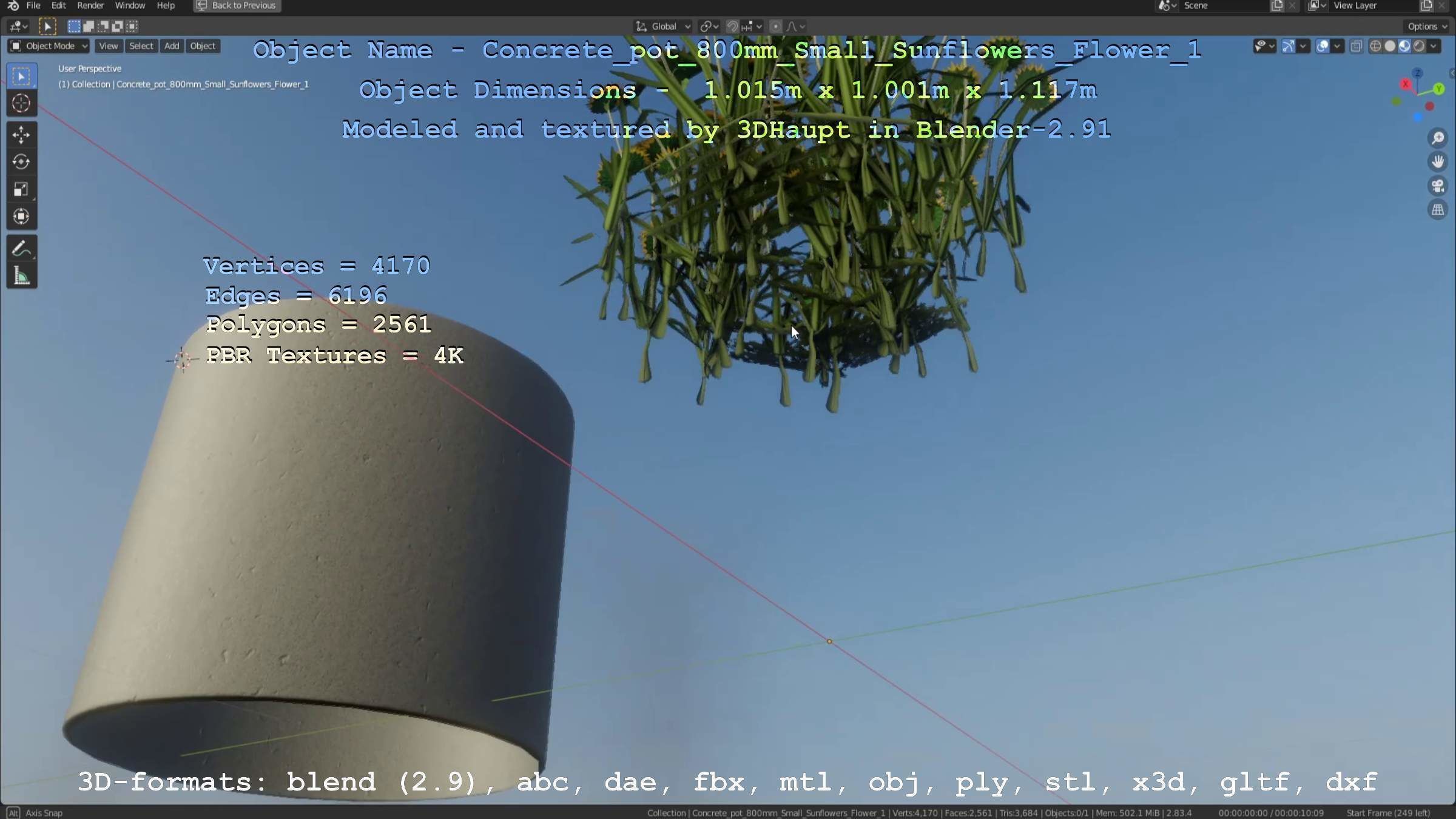 Concrete Pipe Pot 800mm Small with Sunflowers Version 1 Low-poly 3D model_23