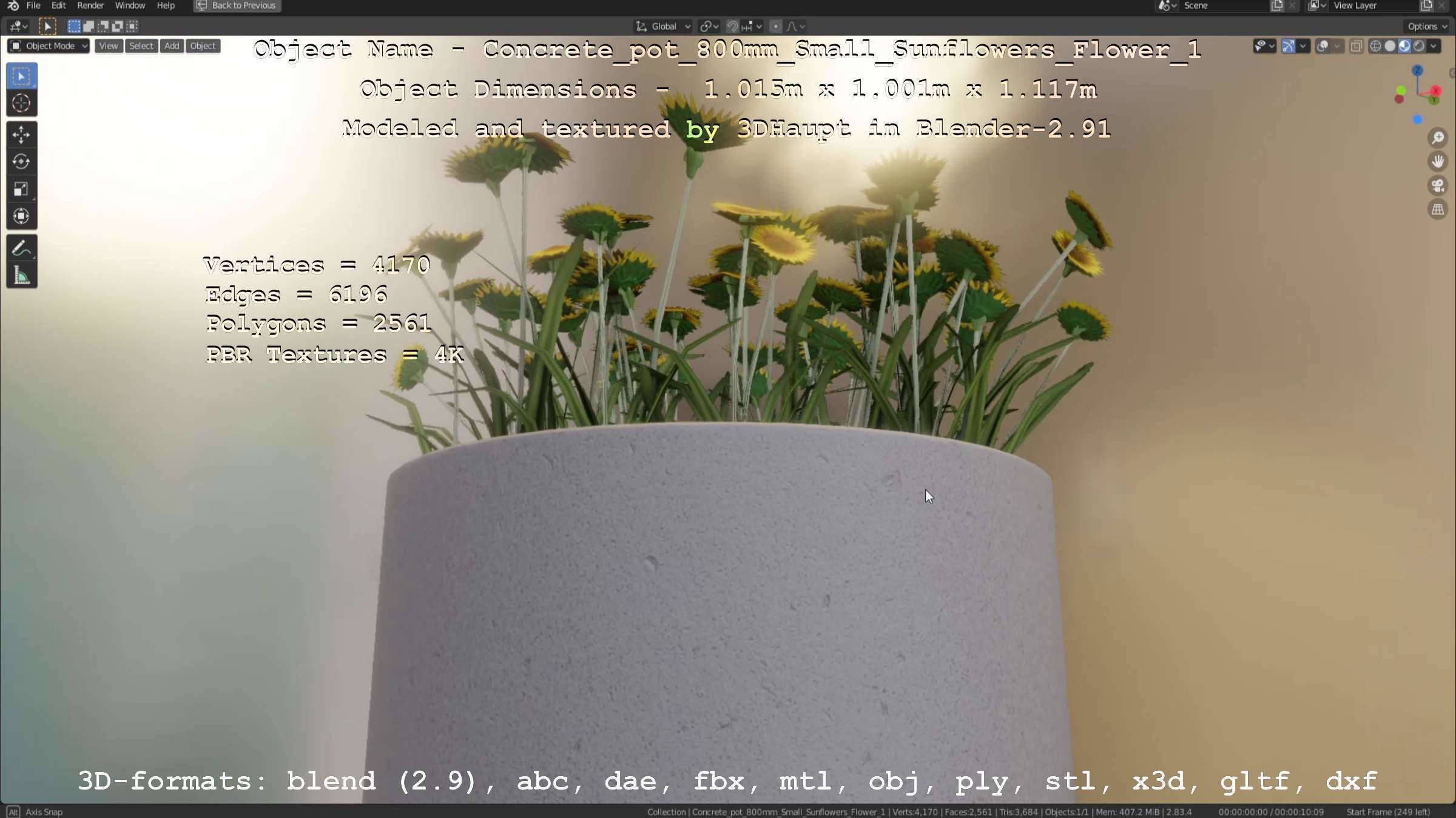 Concrete Pipe Pot 800mm Small with Sunflowers Version 1 Low-poly 3D model_41