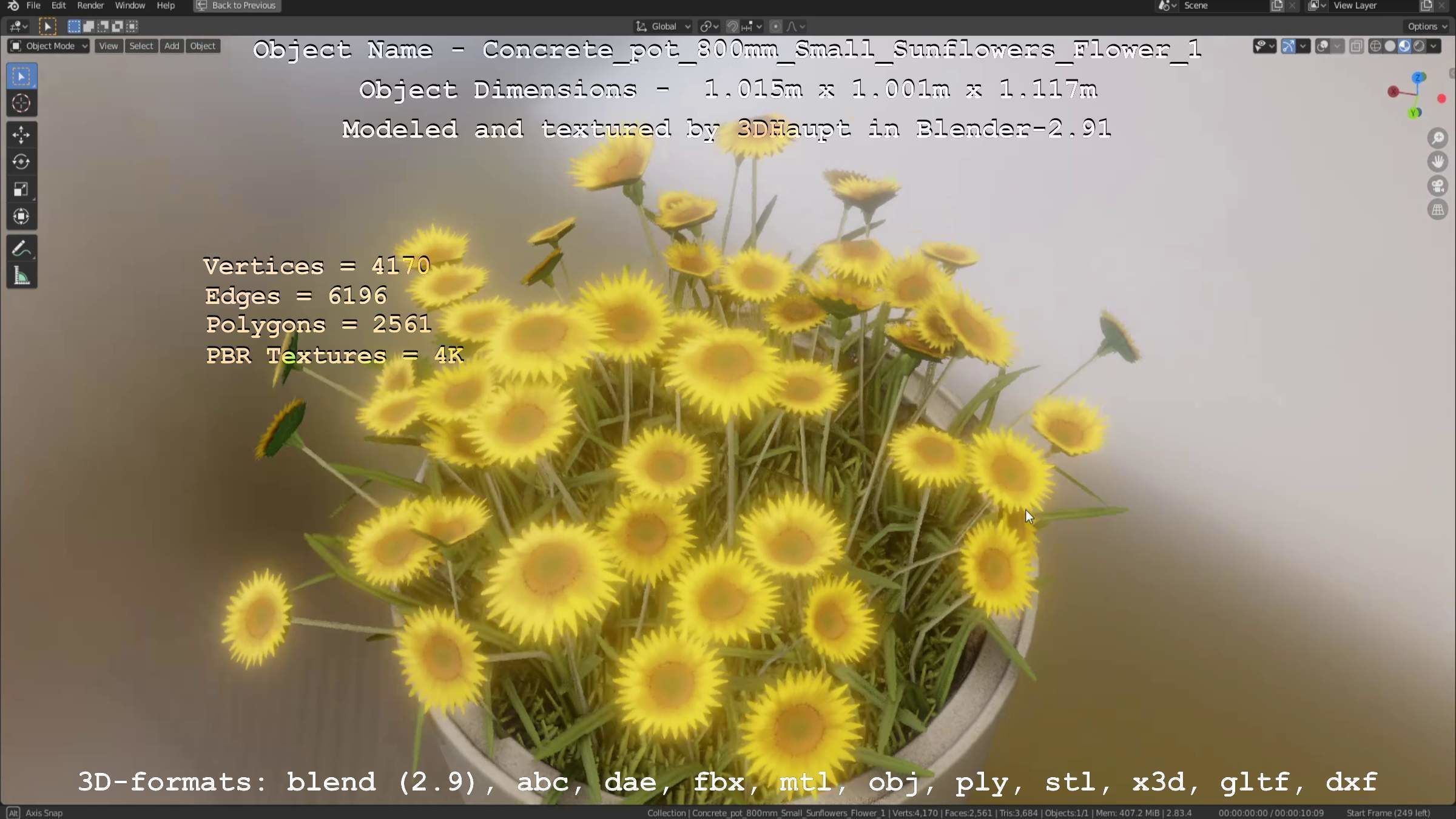 Concrete Pipe Pot 800mm Small with Sunflowers Version 1 Low-poly 3D model_96