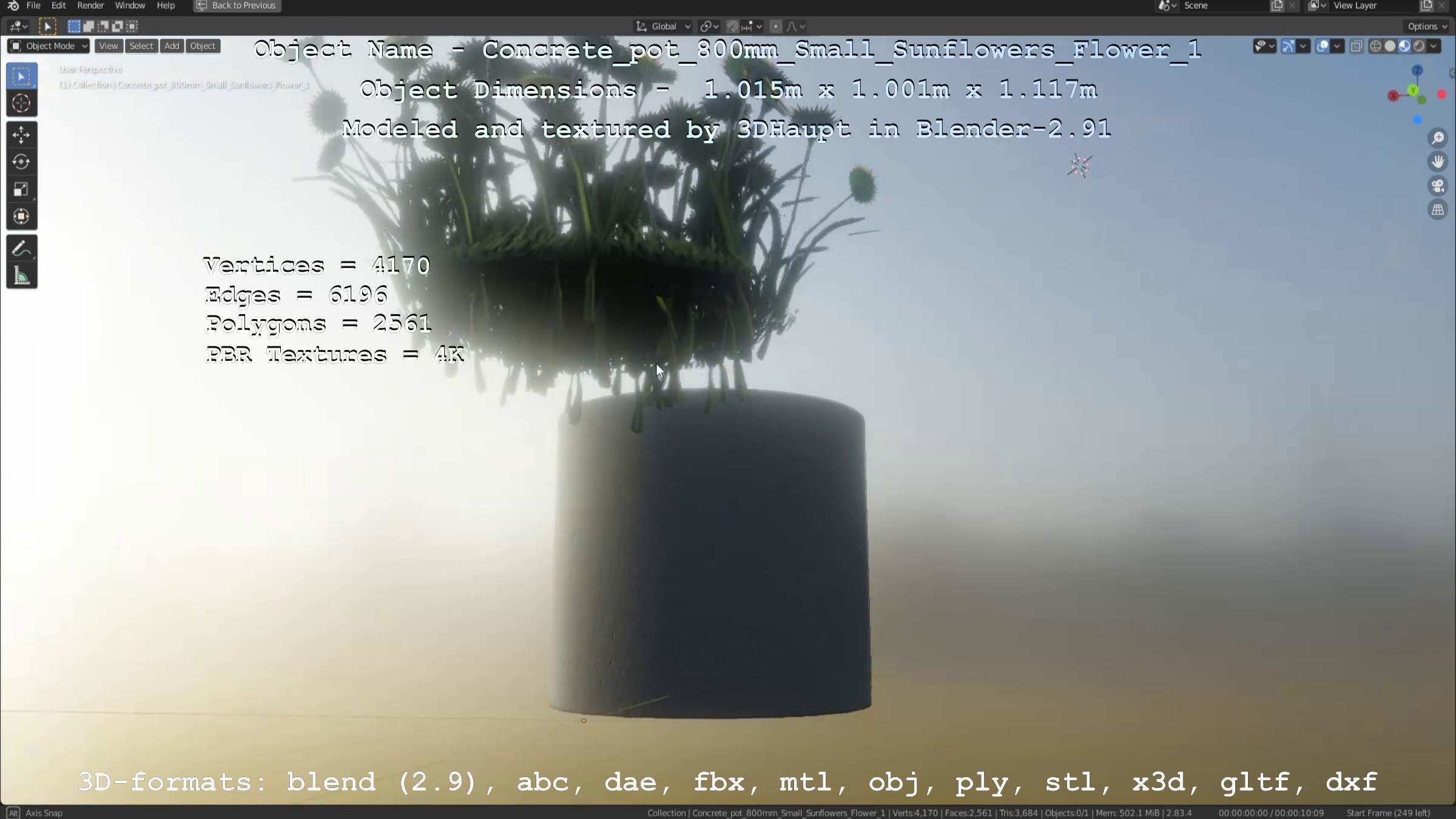 Concrete Pipe Pot 800mm Small with Sunflowers Version 1 Low-poly 3D model_66