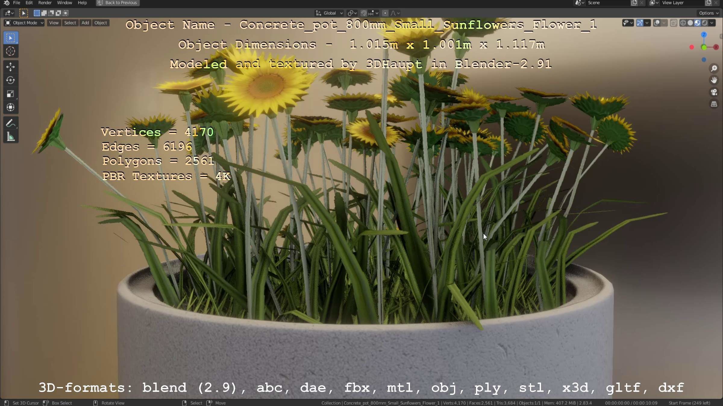 Concrete Pipe Pot 800mm Small with Sunflowers Version 1 Low-poly 3D model_90