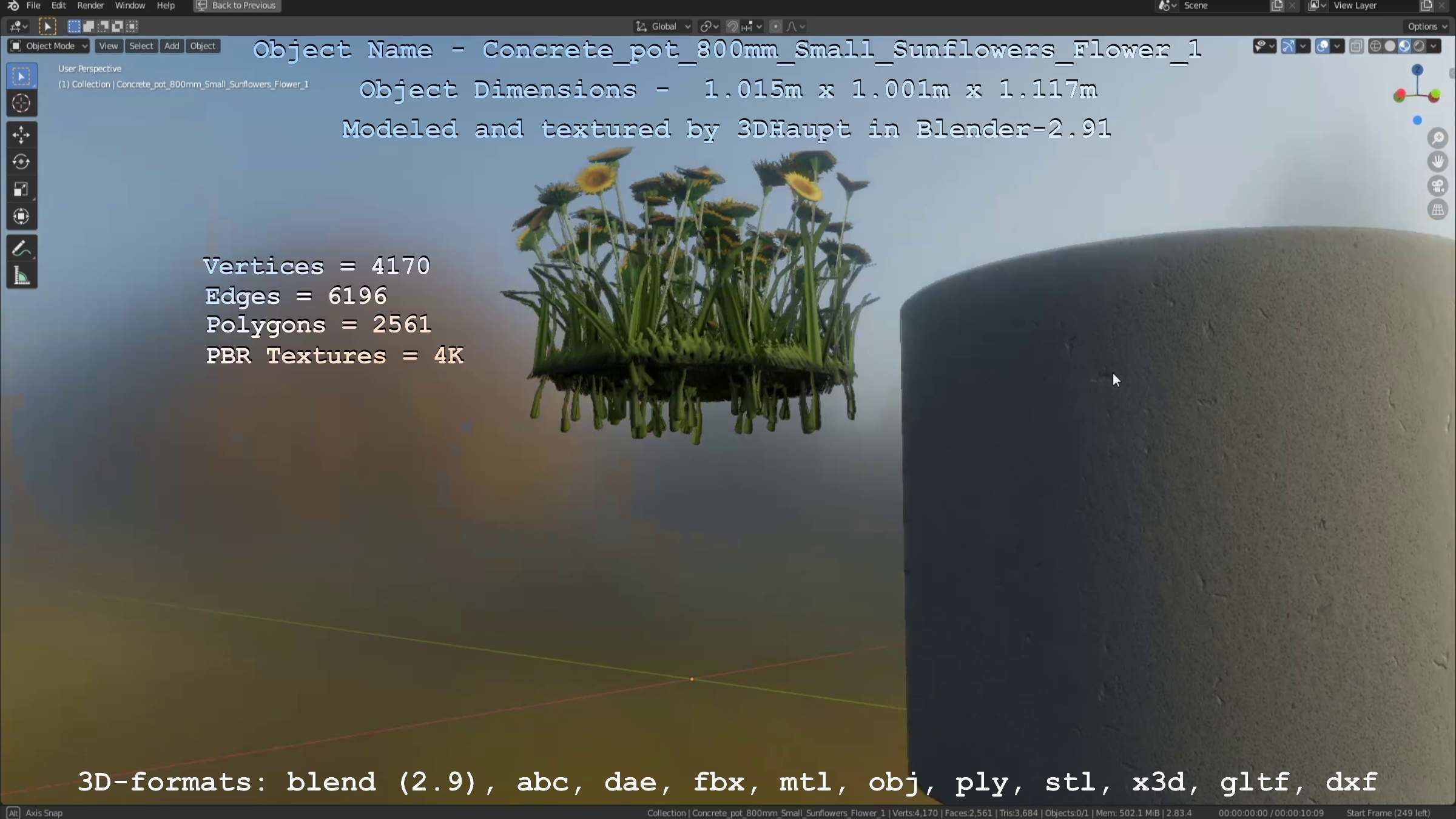 Concrete Pipe Pot 800mm Small with Sunflowers Version 1 Low-poly 3D model_28