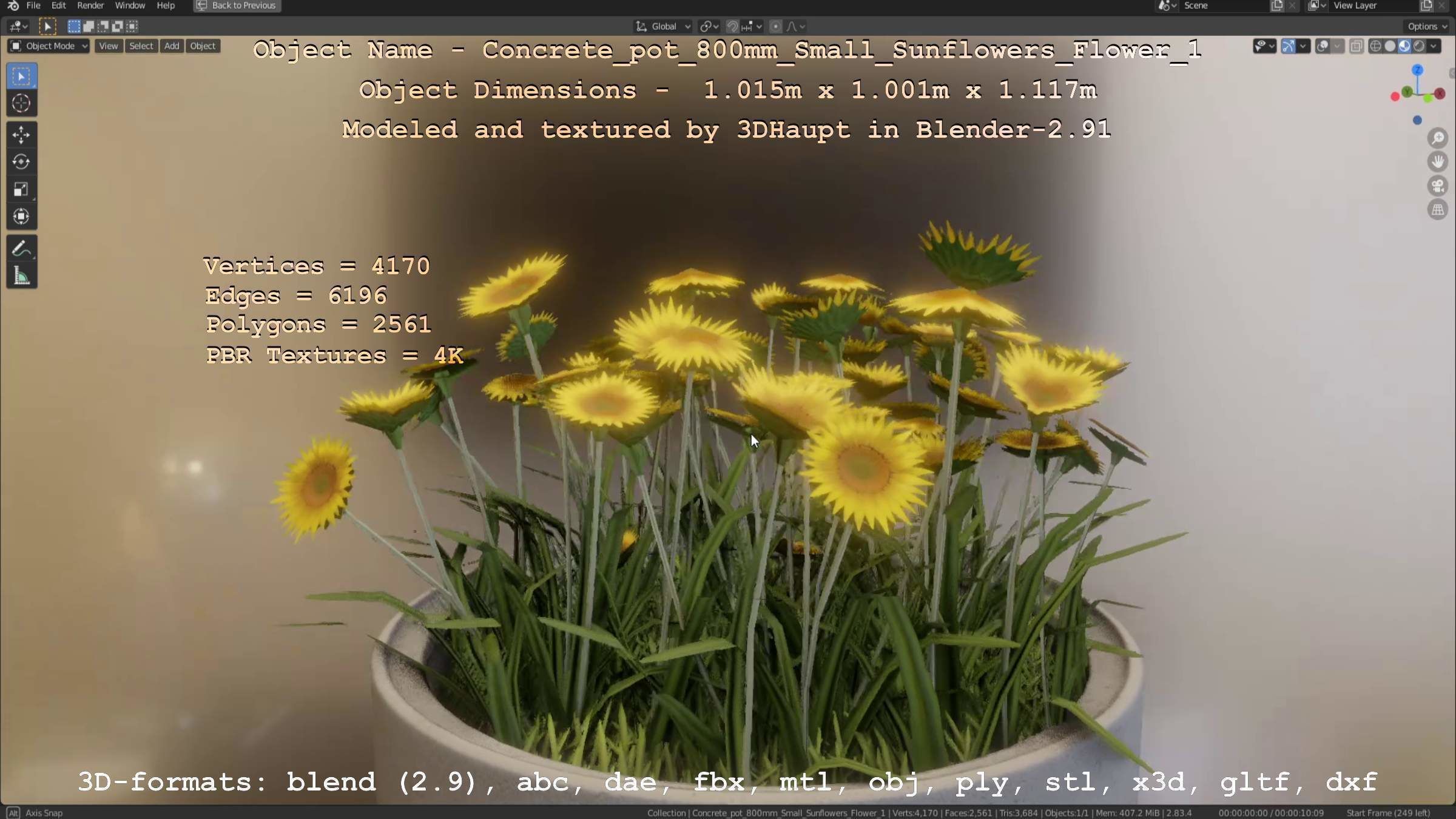 Concrete Pipe Pot 800mm Small with Sunflowers Version 1 Low-poly 3D model_44