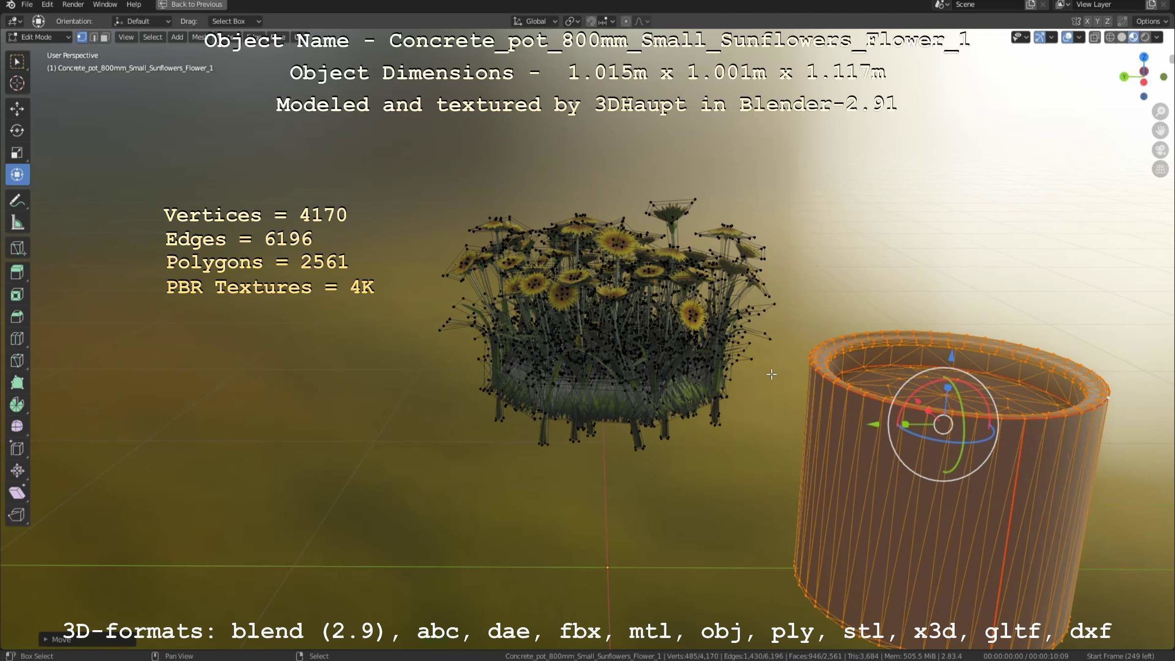 Concrete Pipe Pot 800mm Small with Sunflowers Version 1 Low-poly 3D model_19