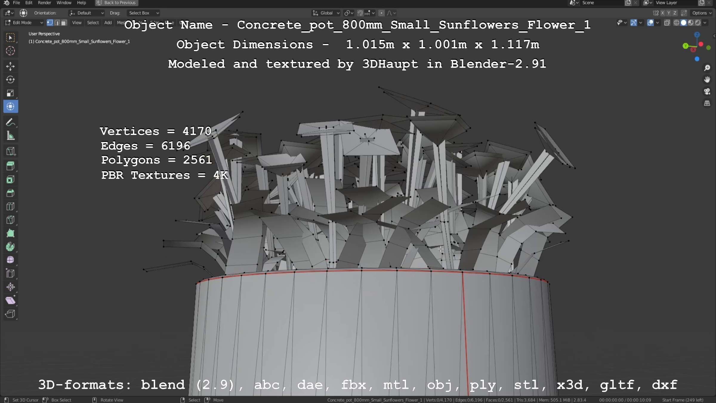 Concrete Pipe Pot 800mm Small with Sunflowers Version 1 Low-poly 3D model_12
