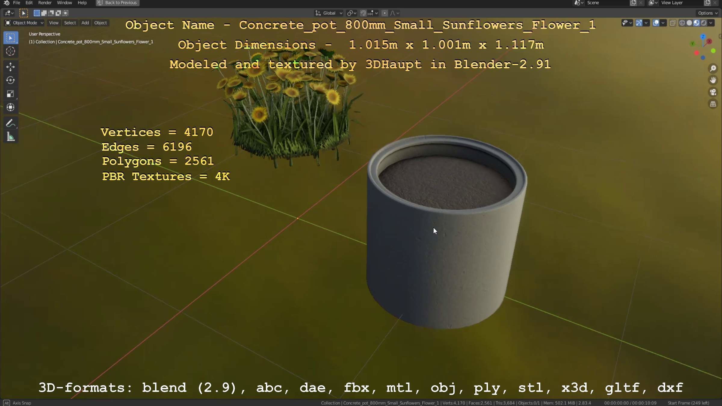 Concrete Pipe Pot 800mm Small with Sunflowers Version 1 Low-poly 3D model_74