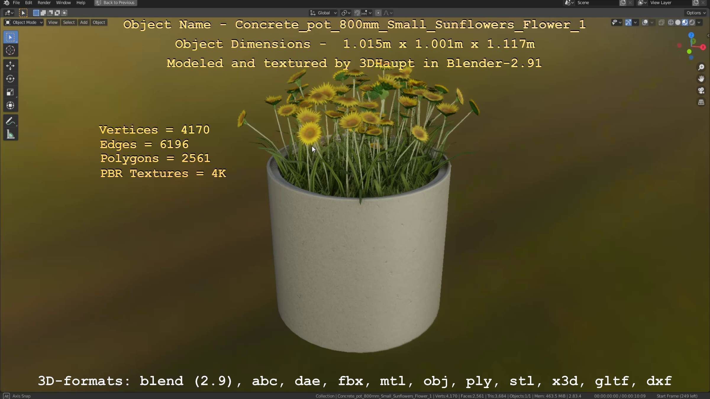 Concrete Pipe Pot 800mm Small with Sunflowers Version 1 Low-poly 3D model_119
