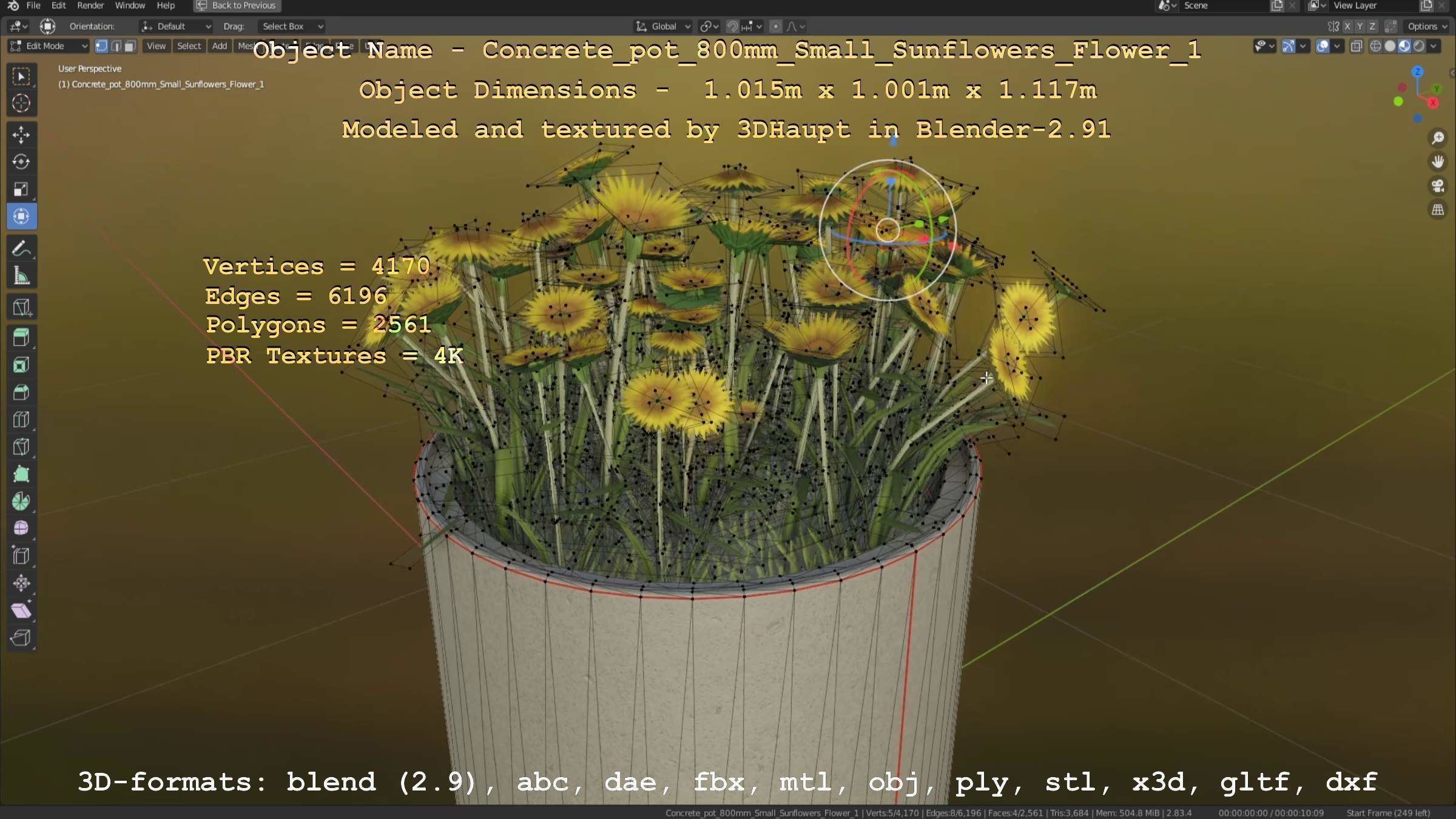Concrete Pipe Pot 800mm Small with Sunflowers Version 1 Low-poly 3D model_5