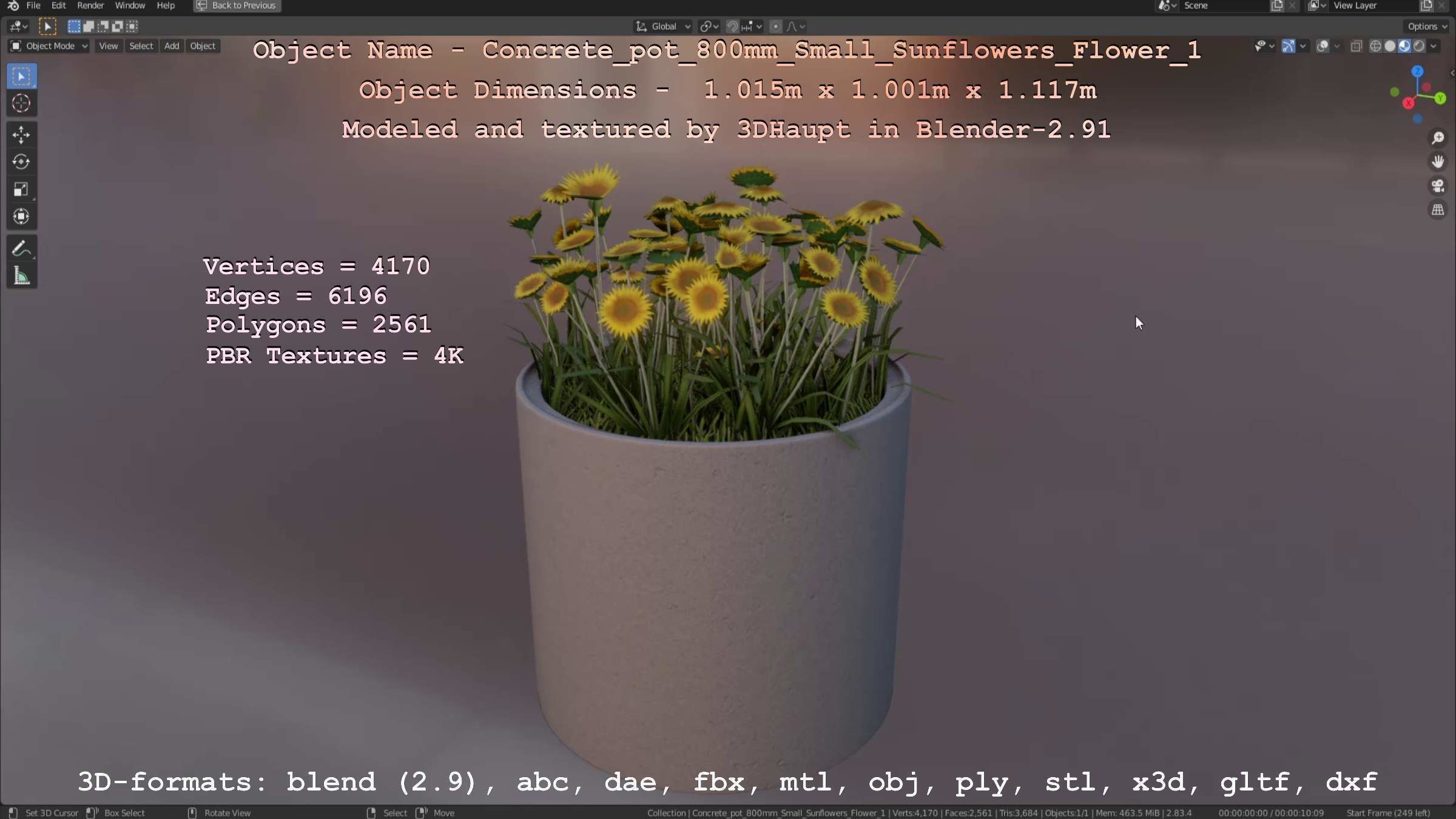 Concrete Pipe Pot 800mm Small with Sunflowers Version 1 Low-poly 3D model_109