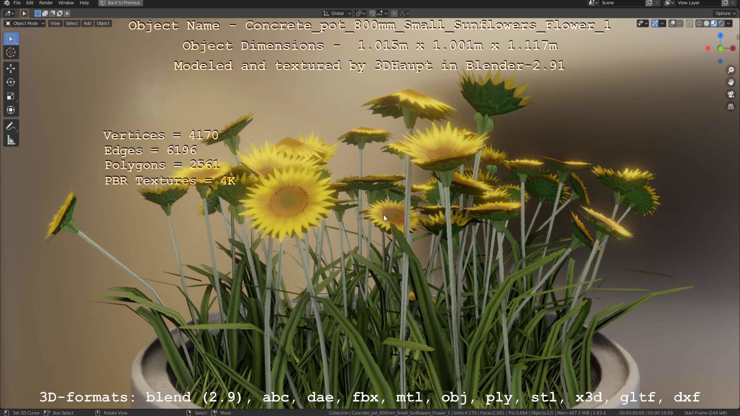 Concrete Pipe Pot 800mm Small with Sunflowers Version 1 Low-poly 3D model_91