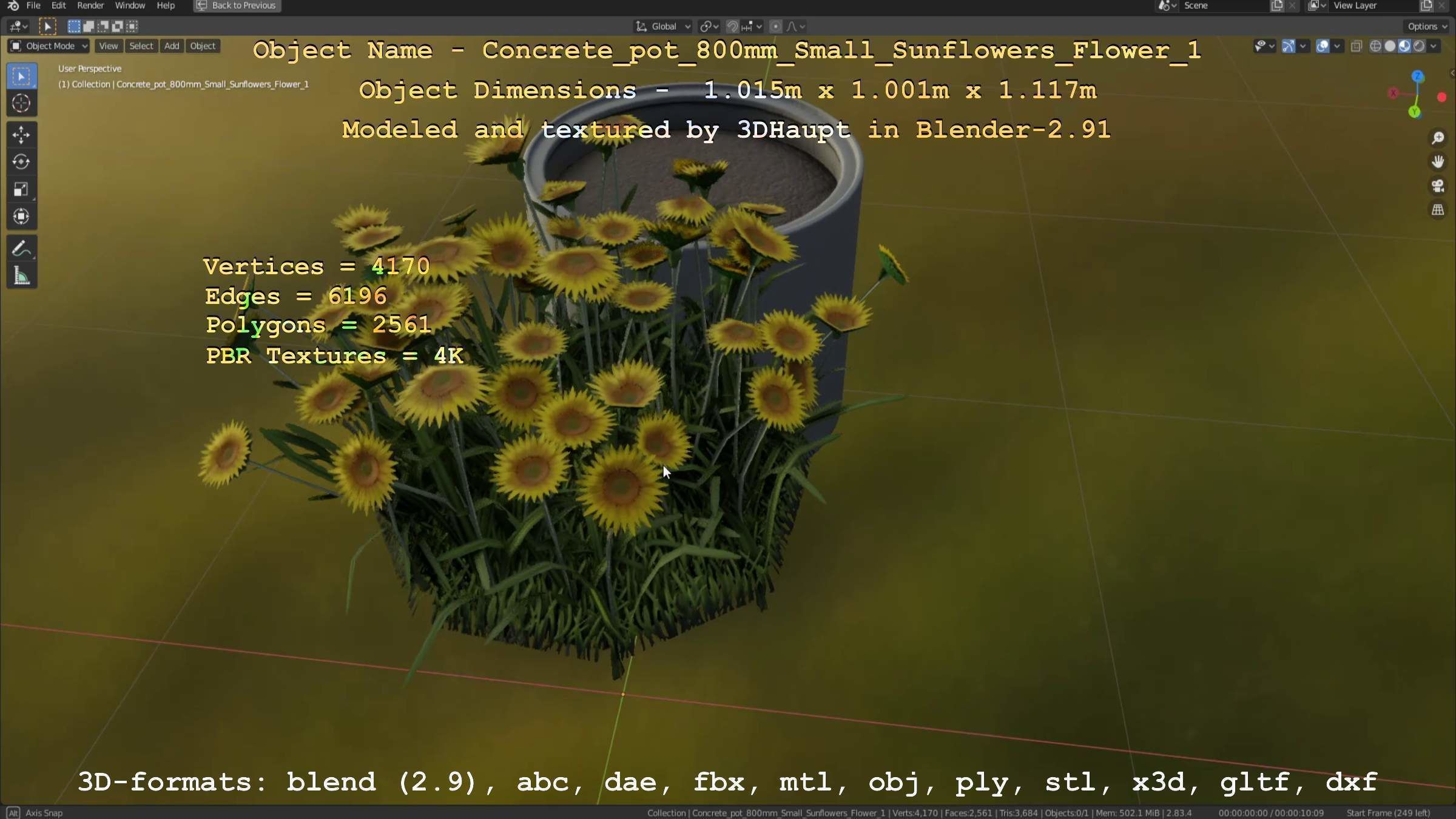Concrete Pipe Pot 800mm Small with Sunflowers Version 1 Low-poly 3D model_26