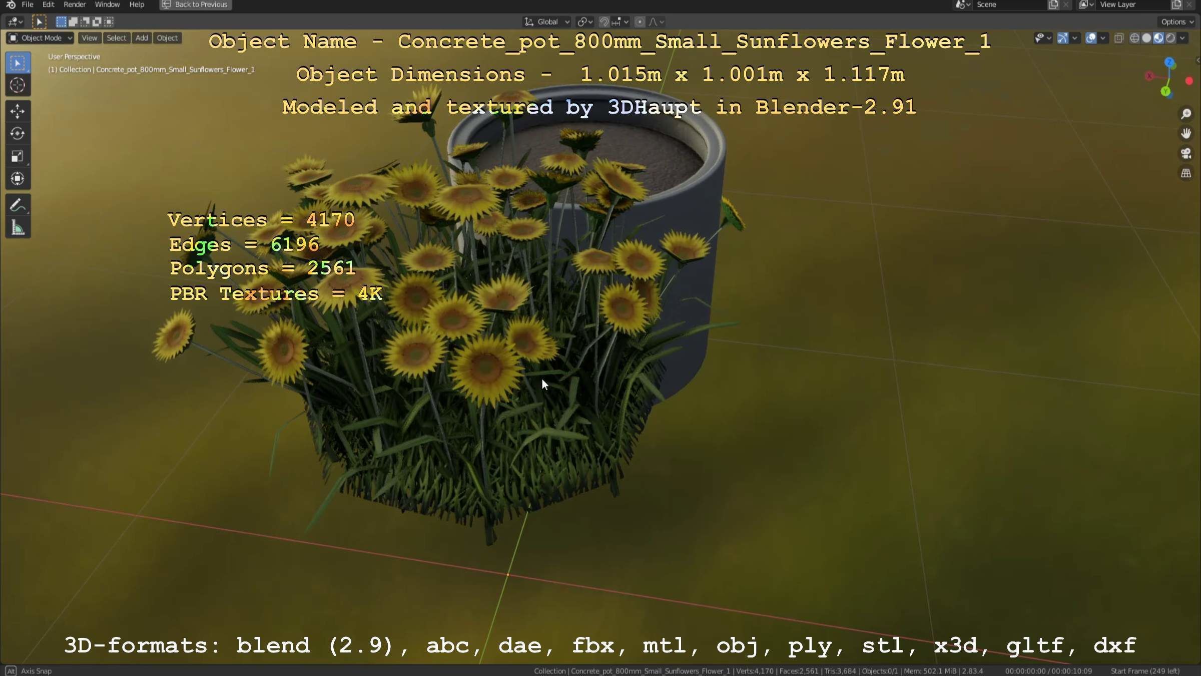 Concrete Pipe Pot 800mm Small with Sunflowers Version 1 Low-poly 3D model_68