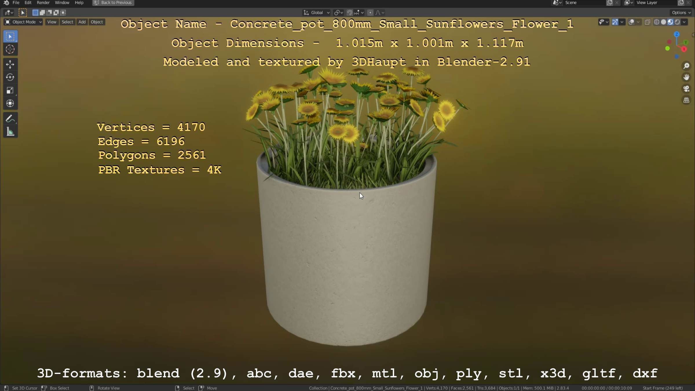 Concrete Pipe Pot 800mm Small with Sunflowers Version 1 Low-poly 3D model_4