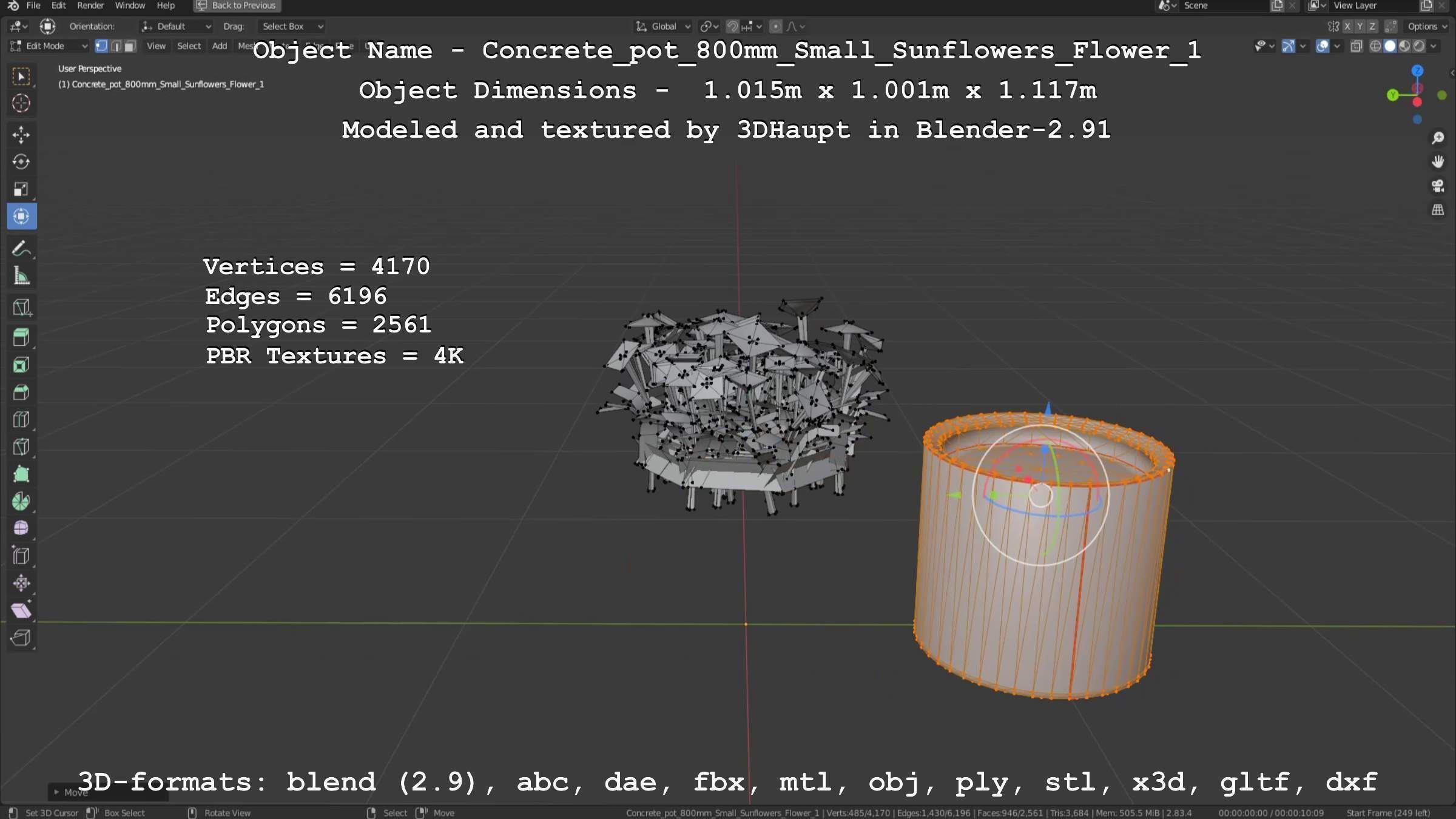 Concrete Pipe Pot 800mm Small with Sunflowers Version 1 Low-poly 3D model_60