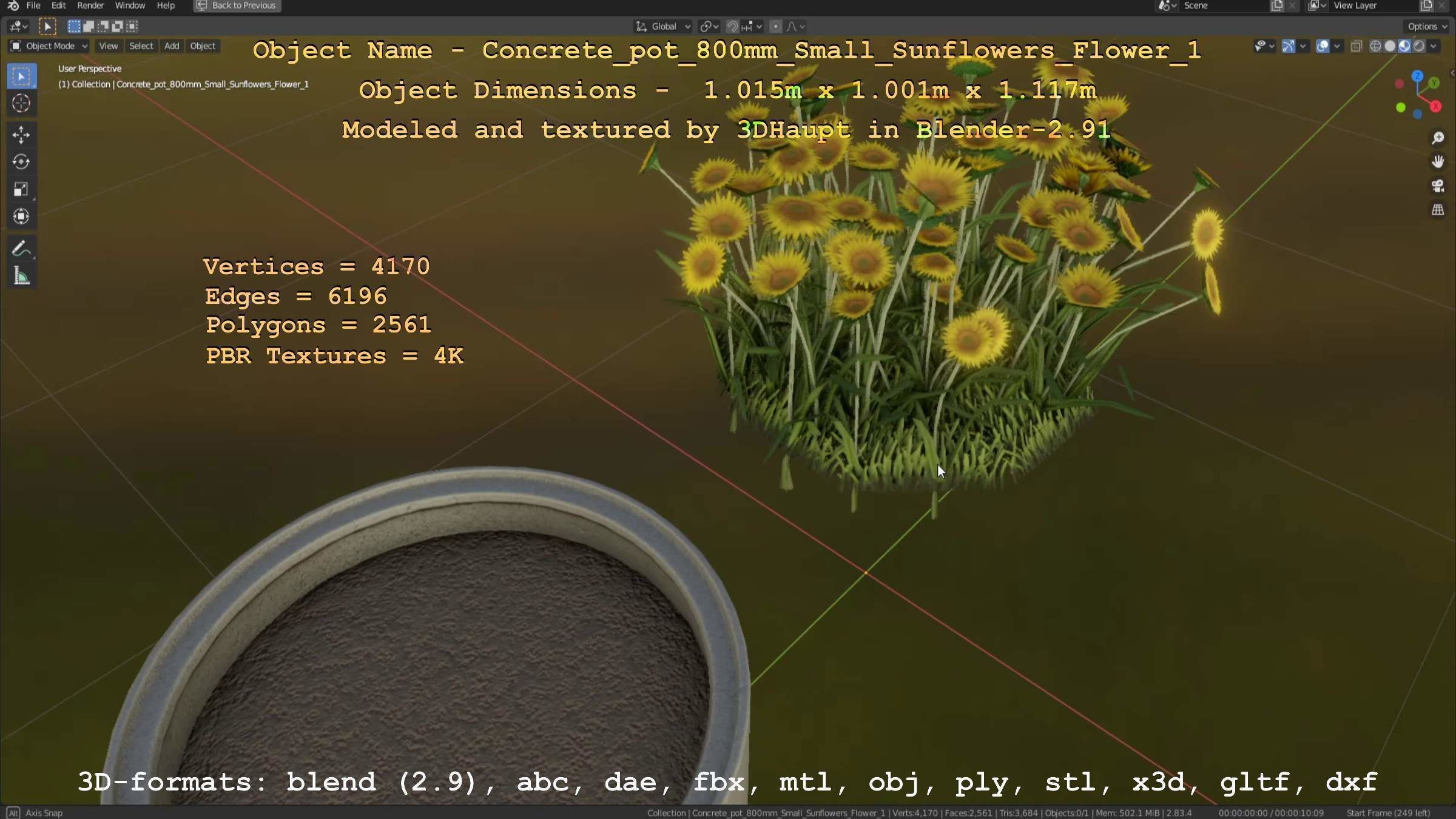 Concrete Pipe Pot 800mm Small with Sunflowers Version 1 Low-poly 3D model_27