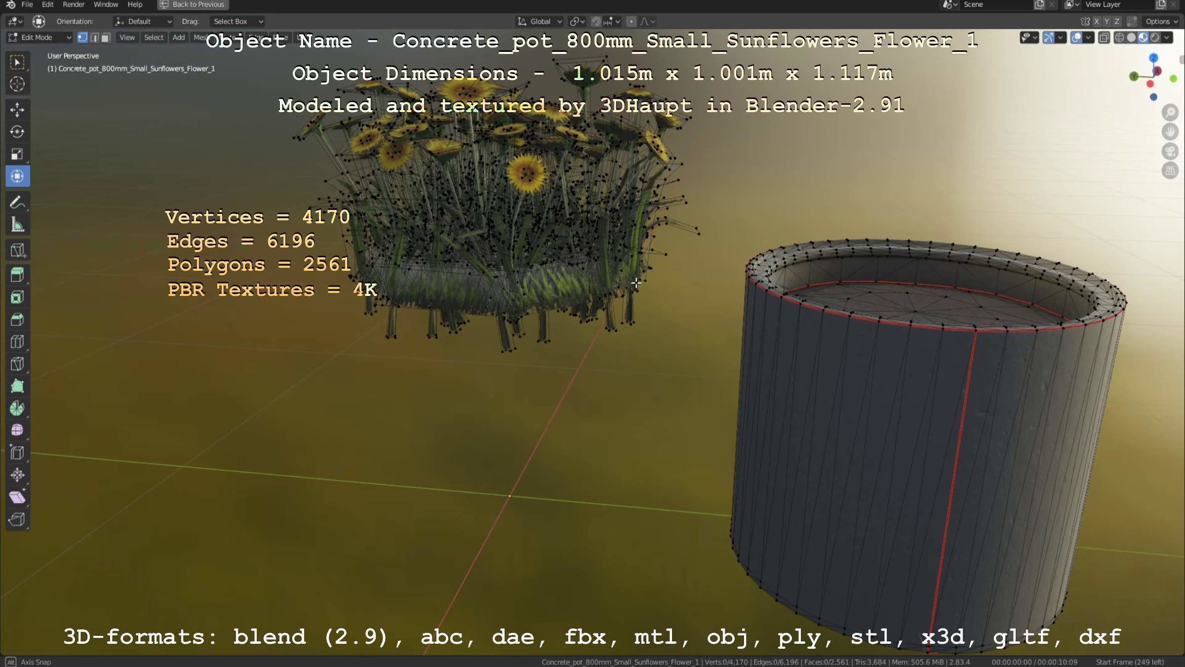 Concrete Pipe Pot 800mm Small with Sunflowers Version 1 Low-poly 3D model_20