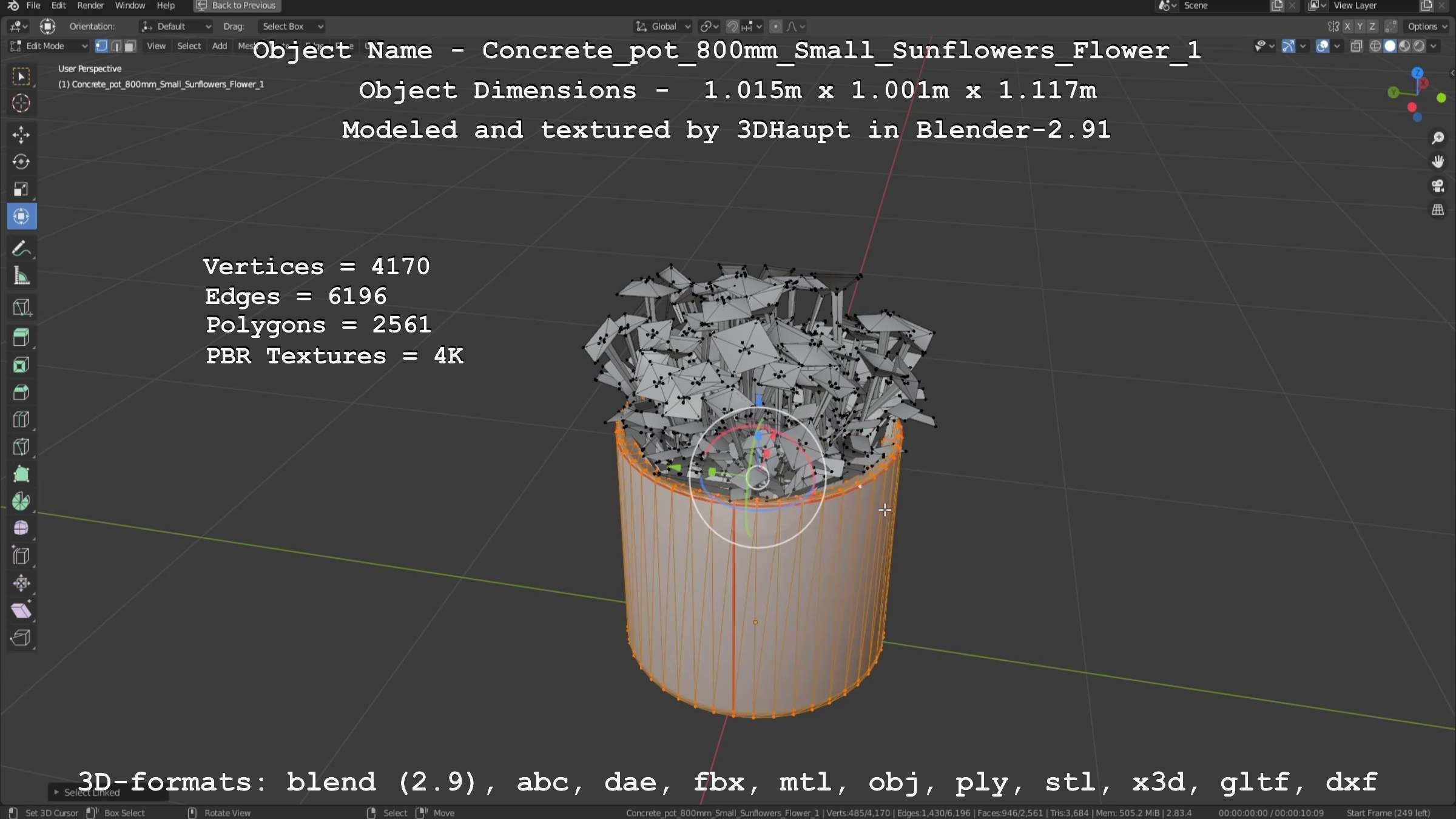 Concrete Pipe Pot 800mm Small with Sunflowers Version 1 Low-poly 3D model_56