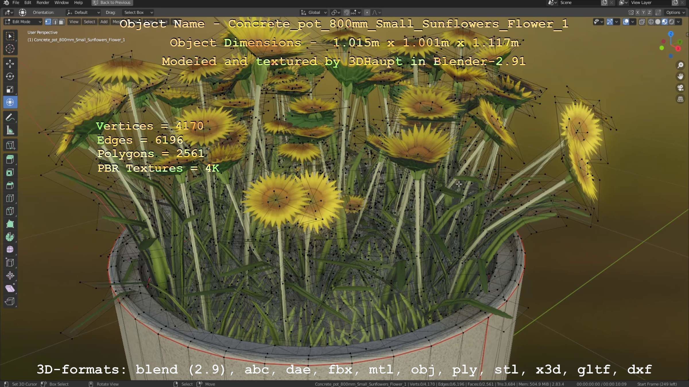 Concrete Pipe Pot 800mm Small with Sunflowers Version 1 Low-poly 3D model_6