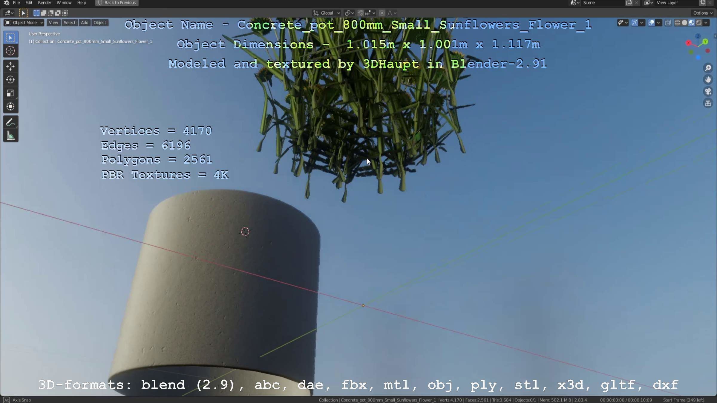 Concrete Pipe Pot 800mm Small with Sunflowers Version 1 Low-poly 3D model_64