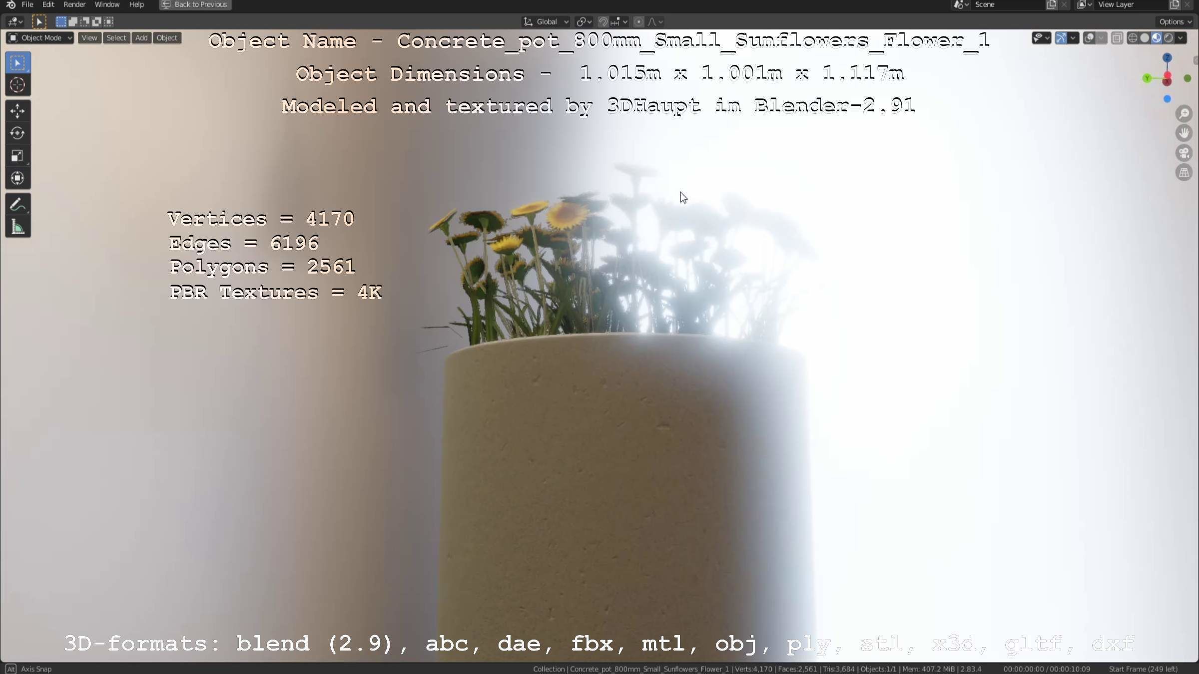 Concrete Pipe Pot 800mm Small with Sunflowers Version 1 Low-poly 3D model_24
