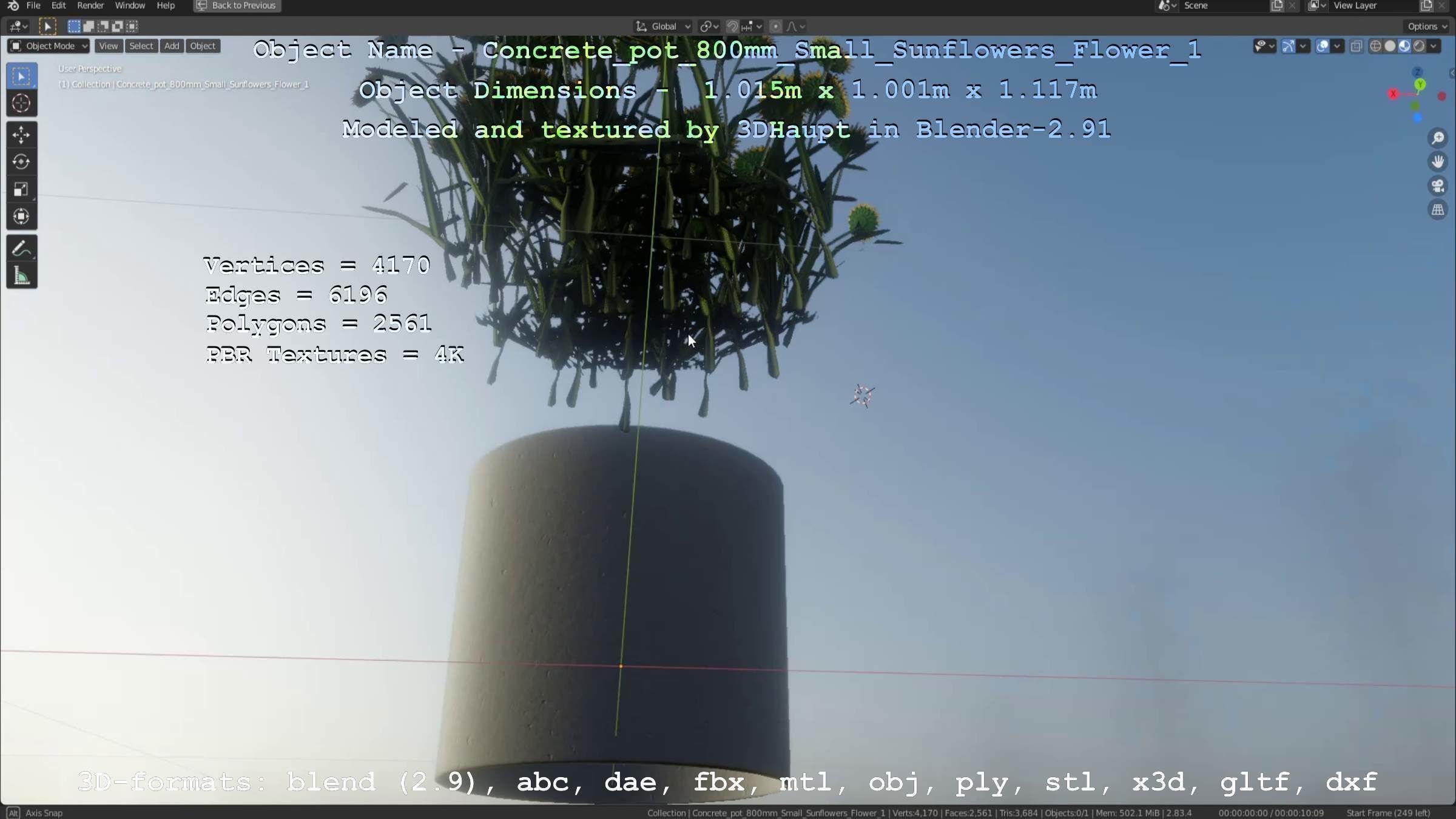 Concrete Pipe Pot 800mm Small with Sunflowers Version 1 Low-poly 3D model_65