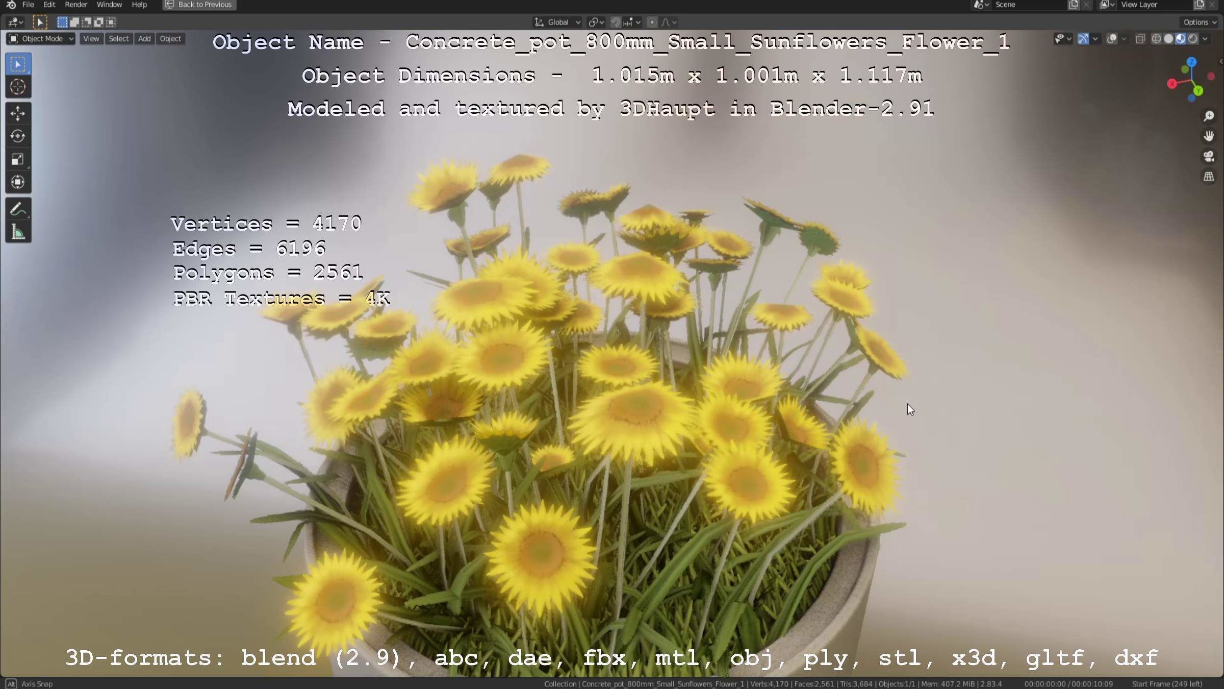 Concrete Pipe Pot 800mm Small with Sunflowers Version 1 Low-poly 3D model_97