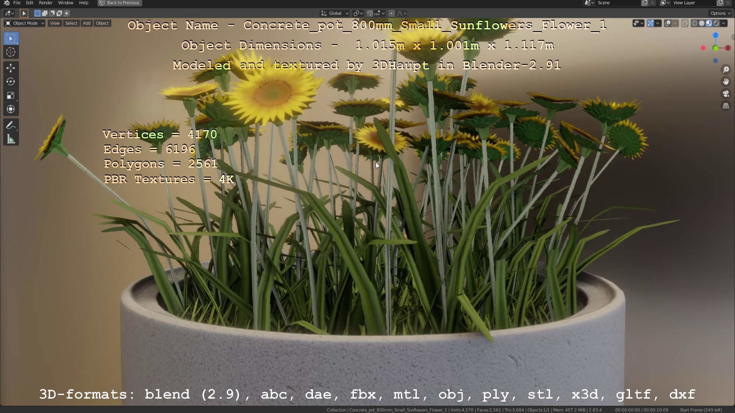 Concrete Pipe Pot 800mm Small with Sunflowers Version 1 Low-poly 3D model_43