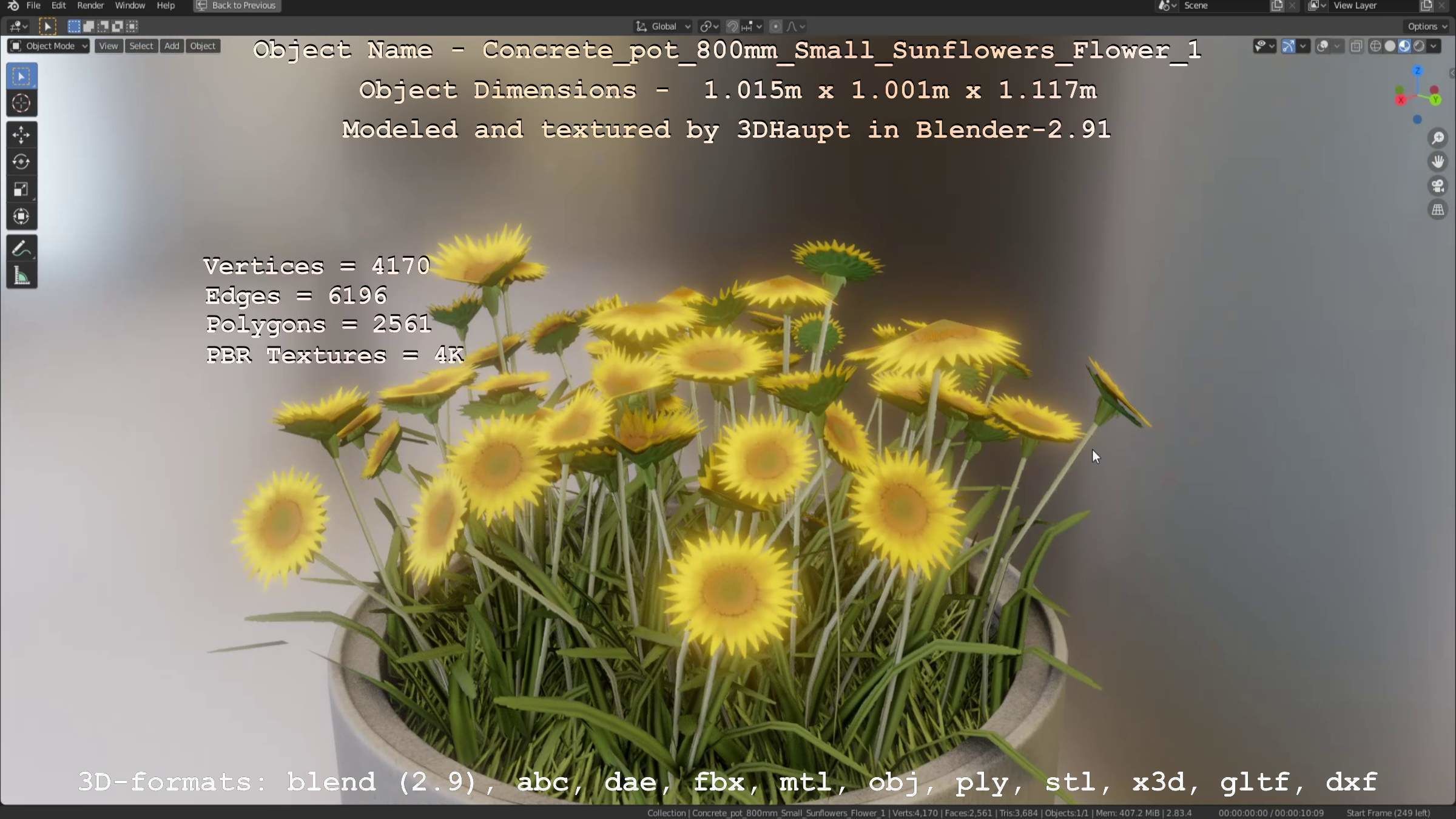 Concrete Pipe Pot 800mm Small with Sunflowers Version 1 Low-poly 3D model_98