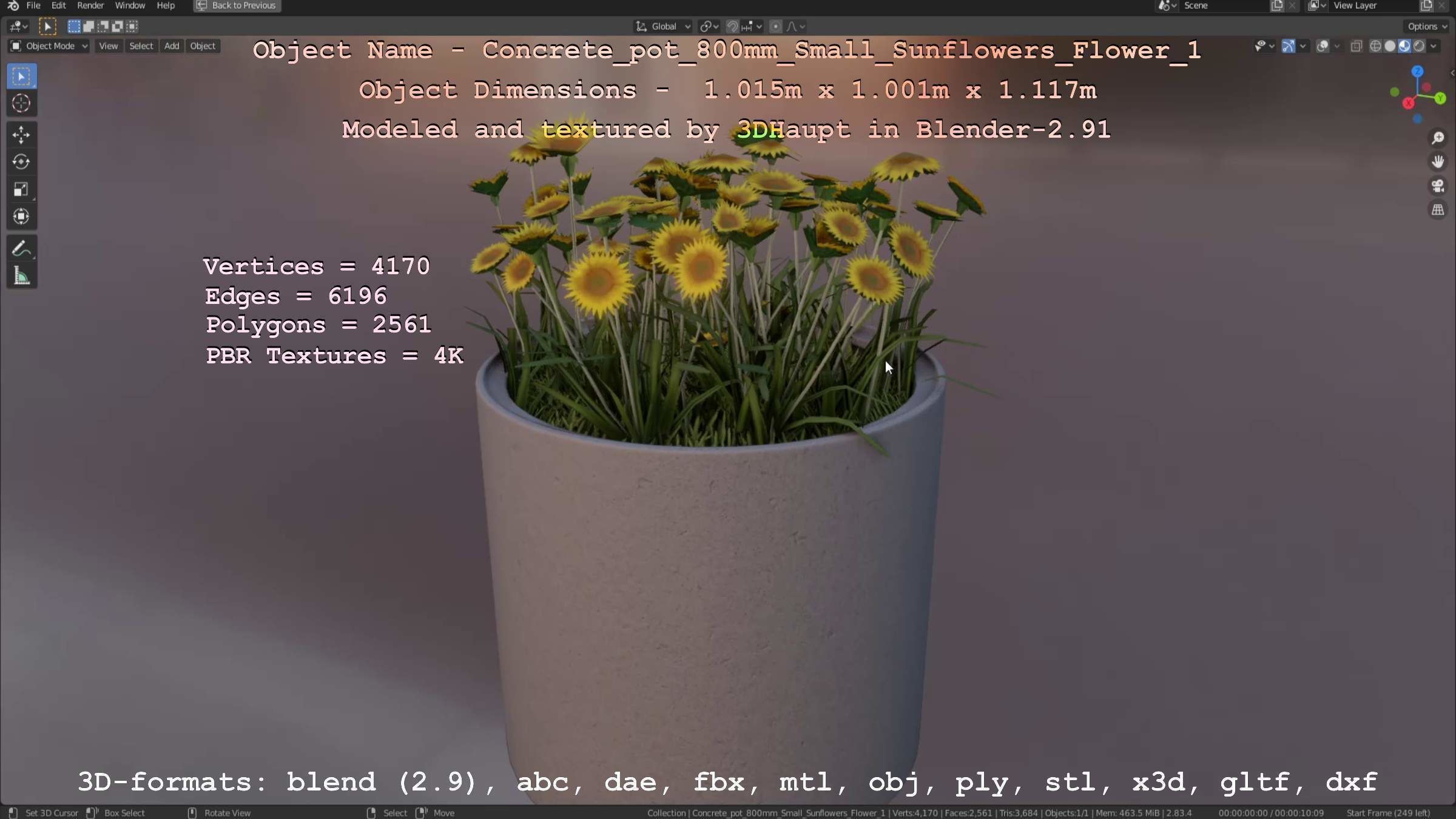 Concrete Pipe Pot 800mm Small with Sunflowers Version 1 Low-poly 3D model_110