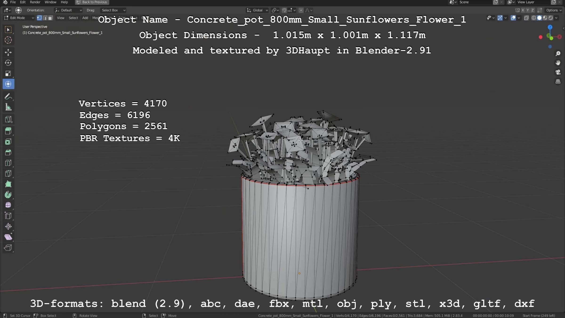 Concrete Pipe Pot 800mm Small with Sunflowers Version 1 Low-poly 3D model_52