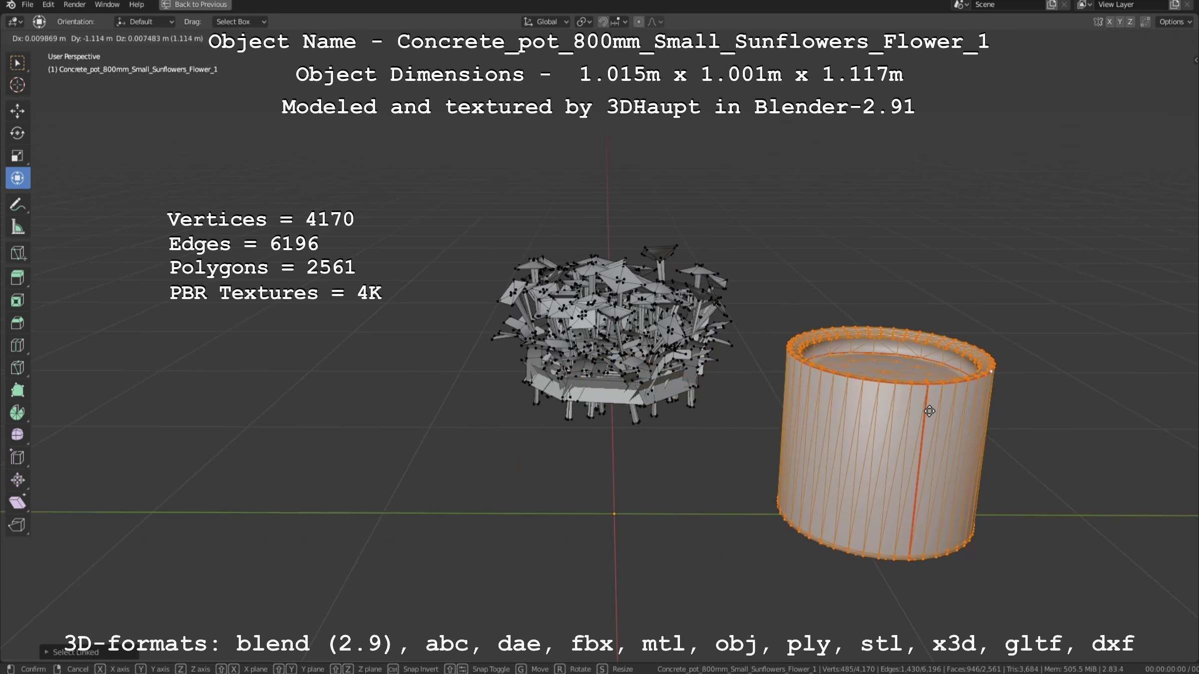 Concrete Pipe Pot 800mm Small with Sunflowers Version 1 Low-poly 3D model_59