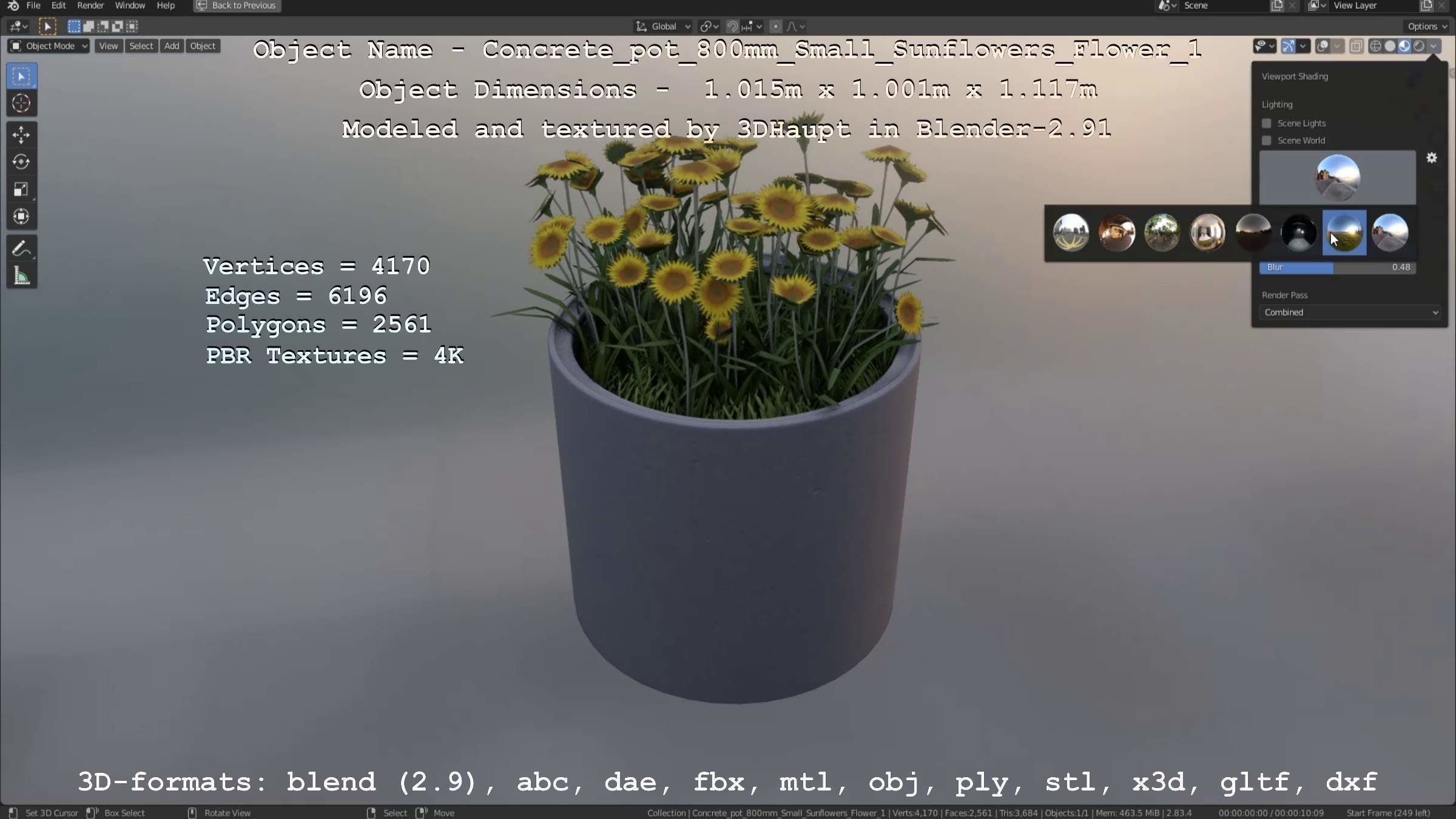 Concrete Pipe Pot 800mm Small with Sunflowers Version 1 Low-poly 3D model_113