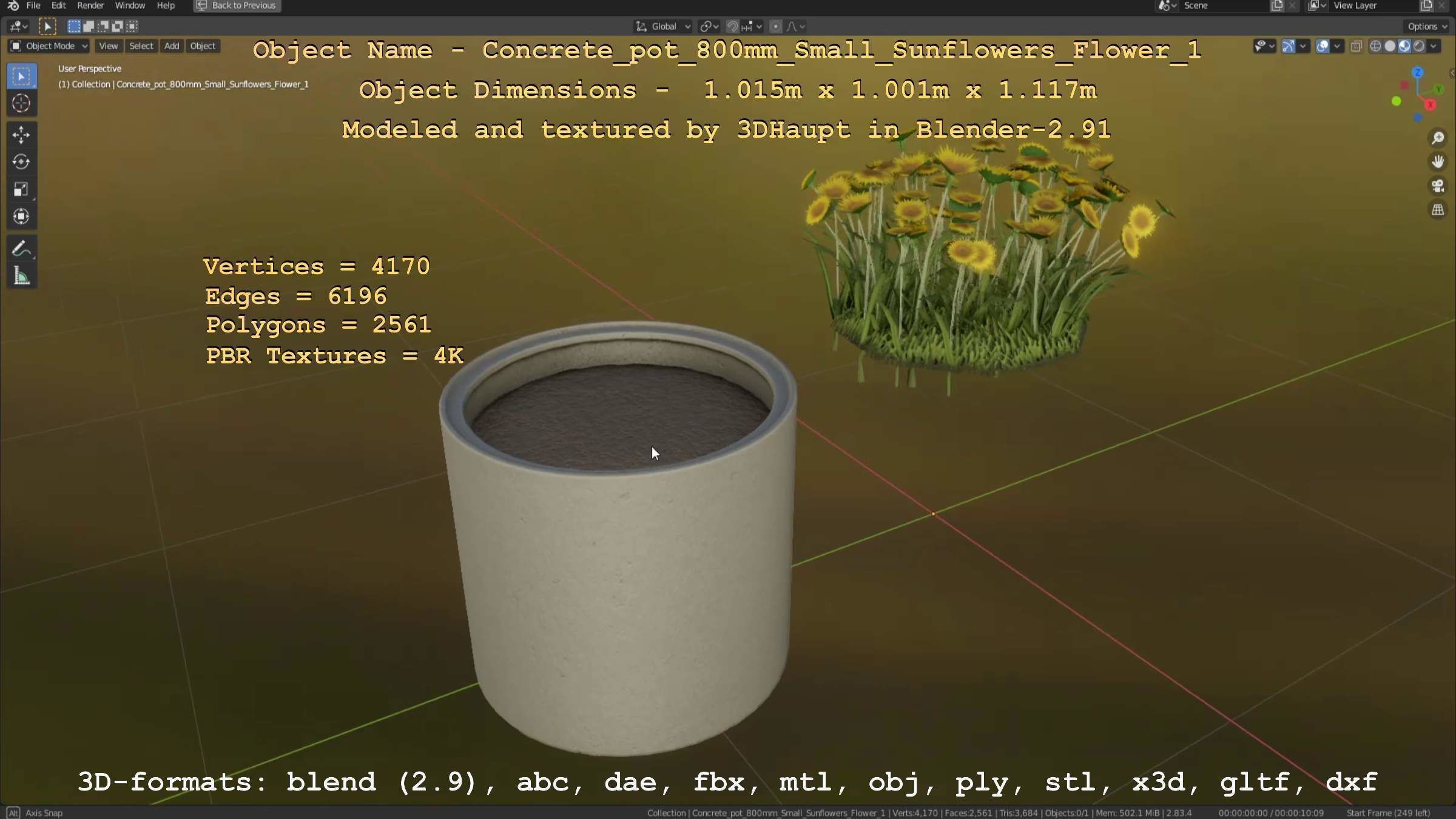Concrete Pipe Pot 800mm Small with Sunflowers Version 1 Low-poly 3D model_76