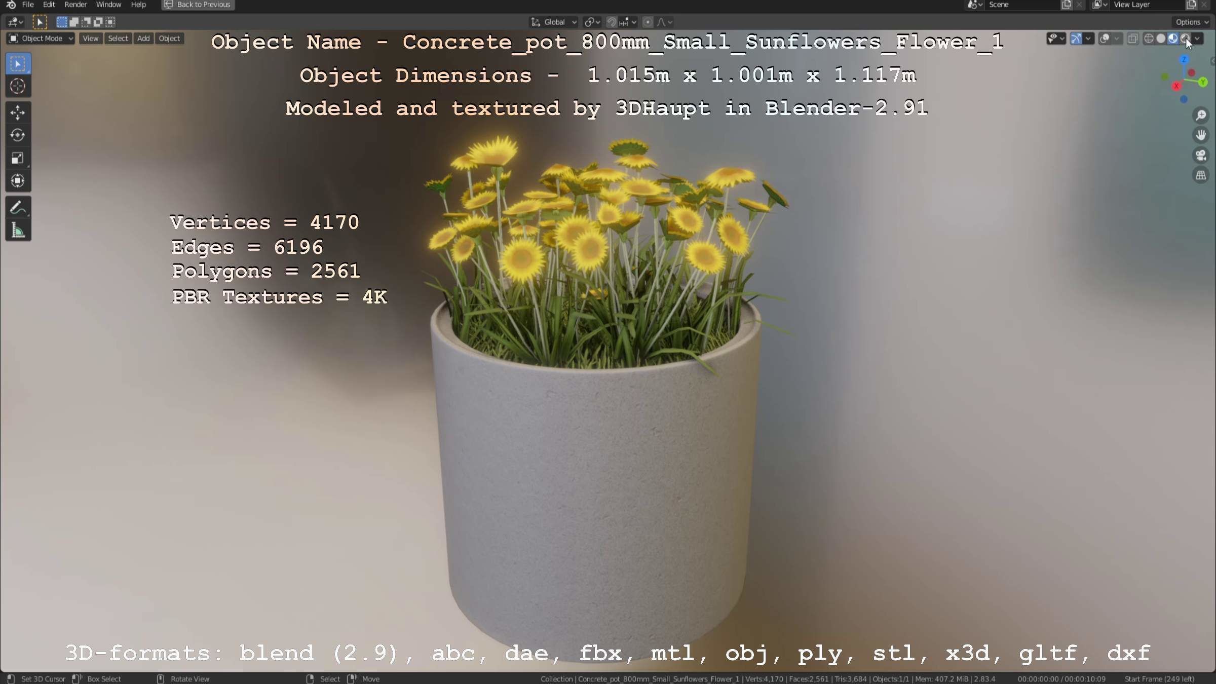 Concrete Pipe Pot 800mm Small with Sunflowers Version 1 Low-poly 3D model_102