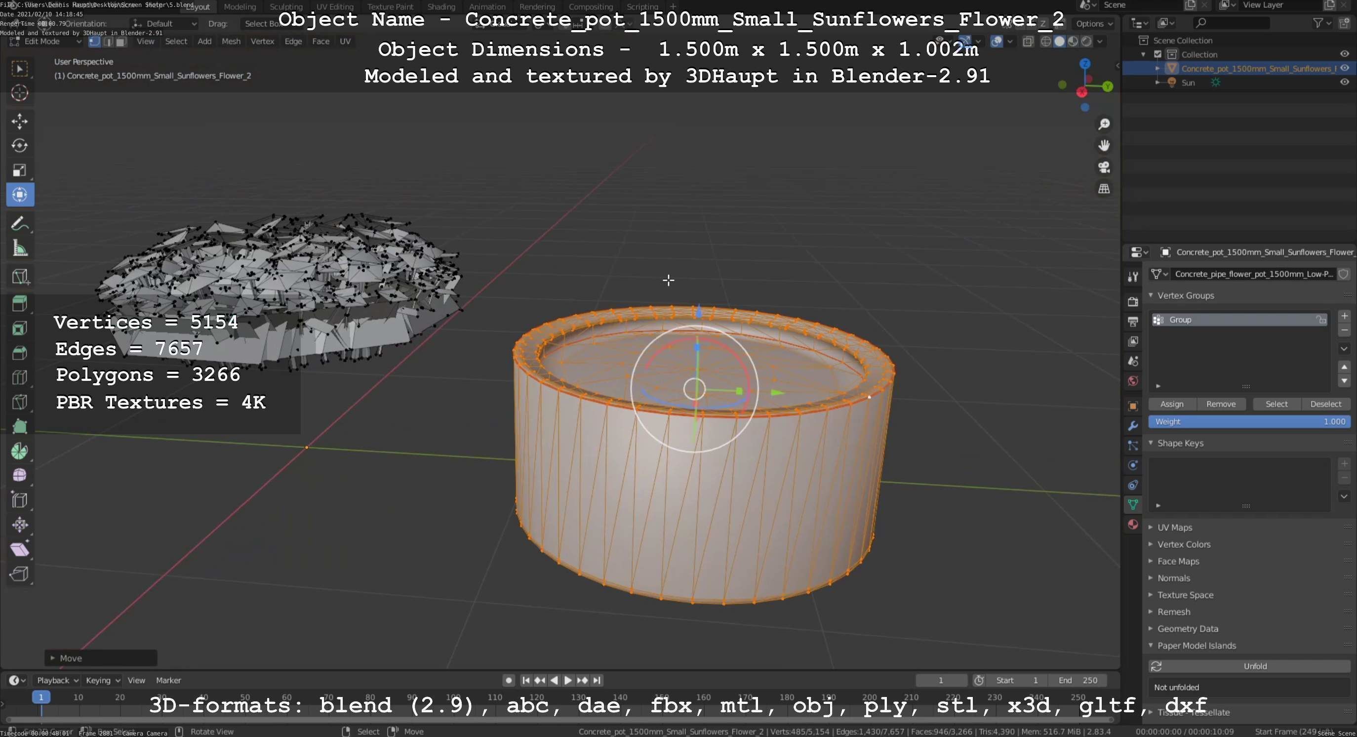Concrete Pipe Pot 1500mm with Small Sunflowers Version 2 Low-poly 3D model_48