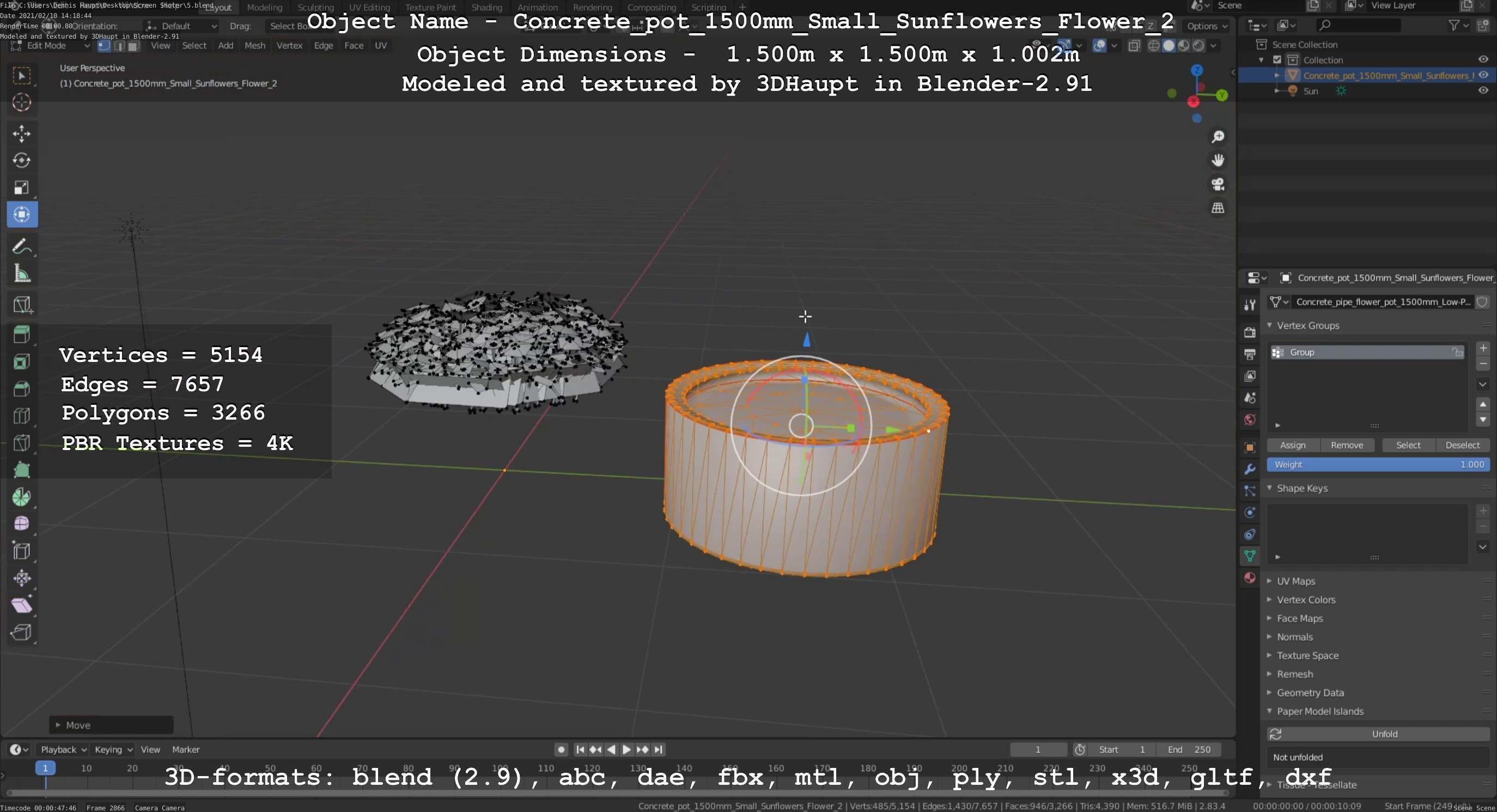 Concrete Pipe Pot 1500mm with Small Sunflowers Version 2 Low-poly 3D model_47
