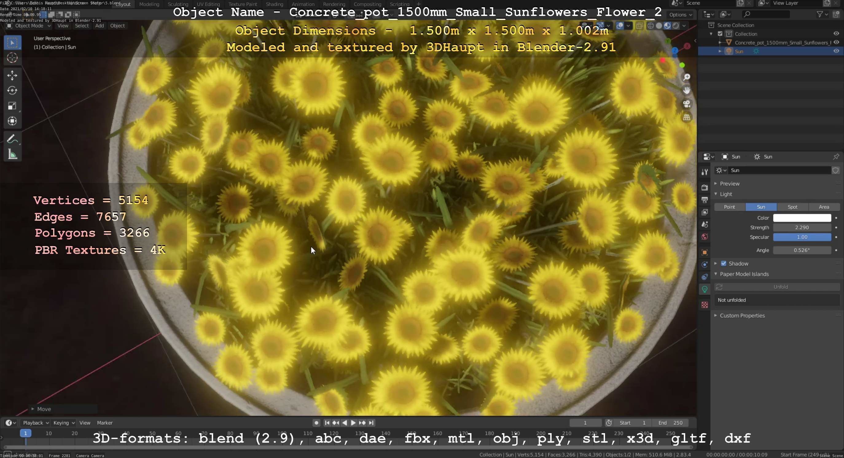 Concrete Pipe Pot 1500mm with Small Sunflowers Version 2 Low-poly 3D model_102