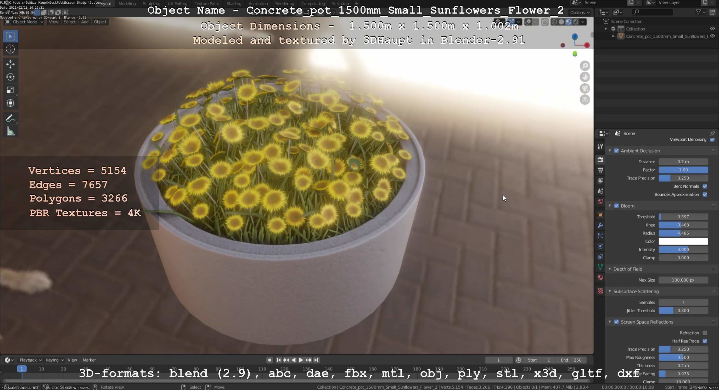 Concrete Pipe Pot 1500mm with Small Sunflowers Version 2 Low-poly 3D model_73