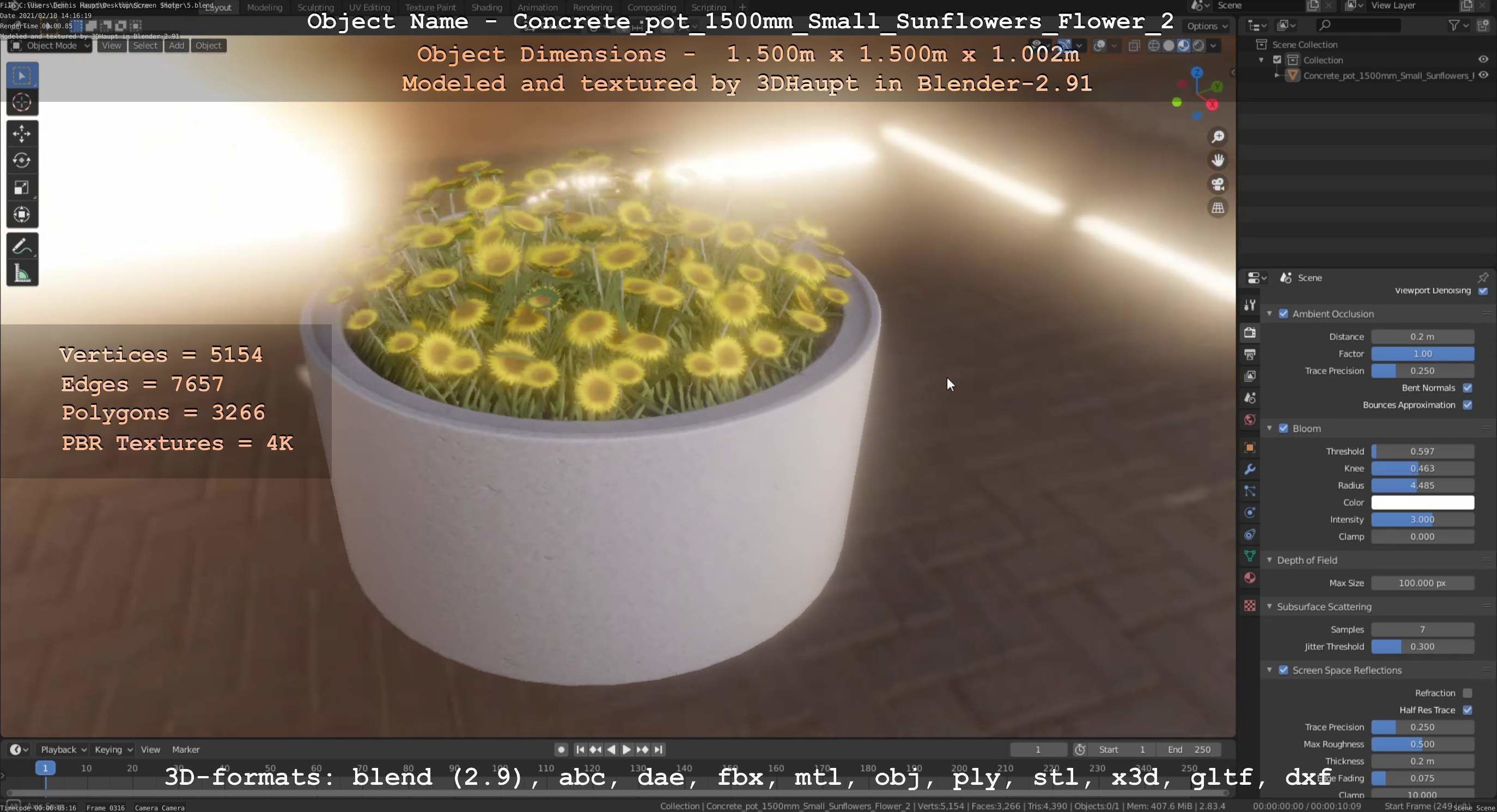 Concrete Pipe Pot 1500mm with Small Sunflowers Version 2 Low-poly 3D model_70