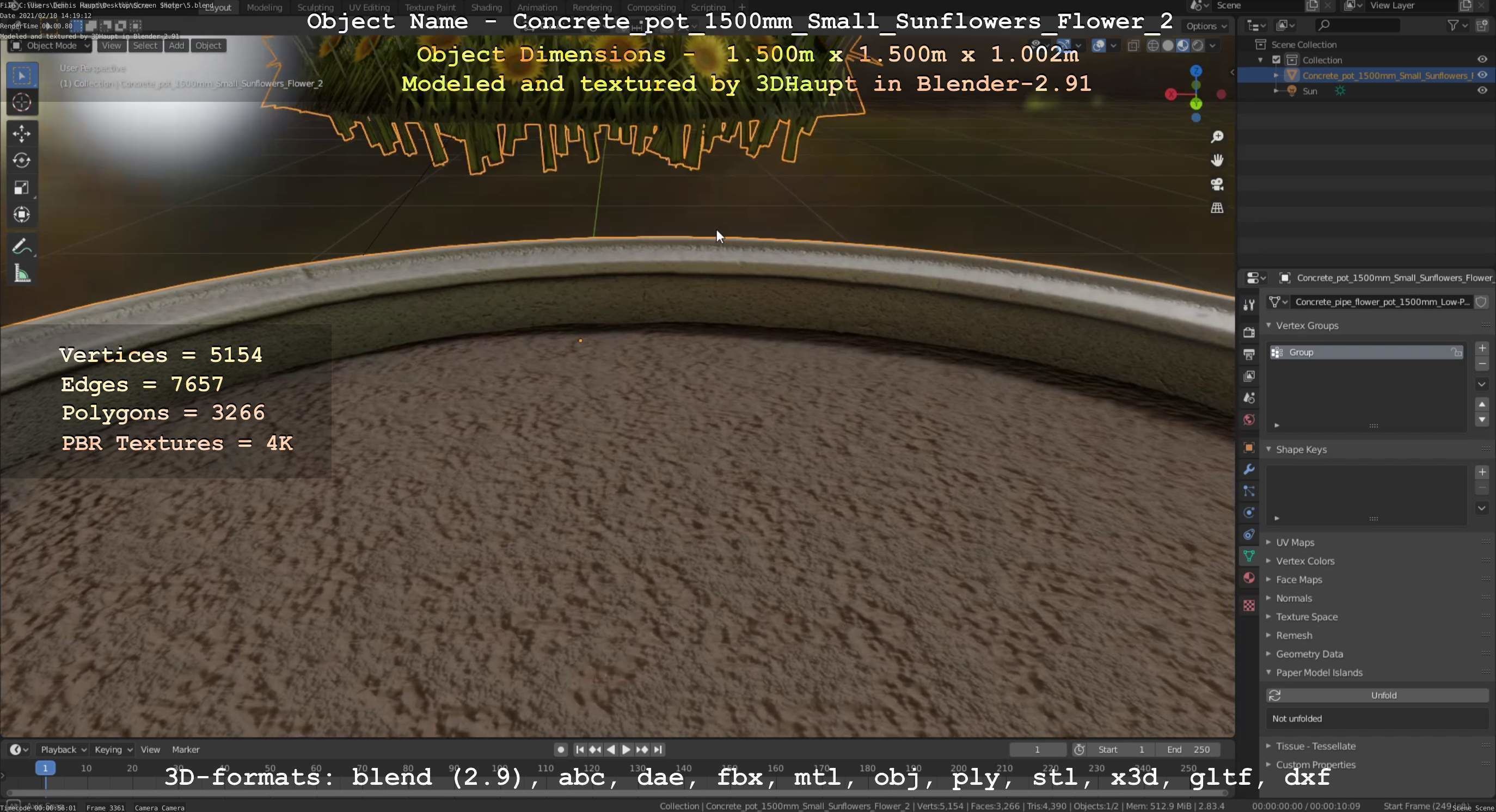 Concrete Pipe Pot 1500mm with Small Sunflowers Version 2 Low-poly 3D model_58