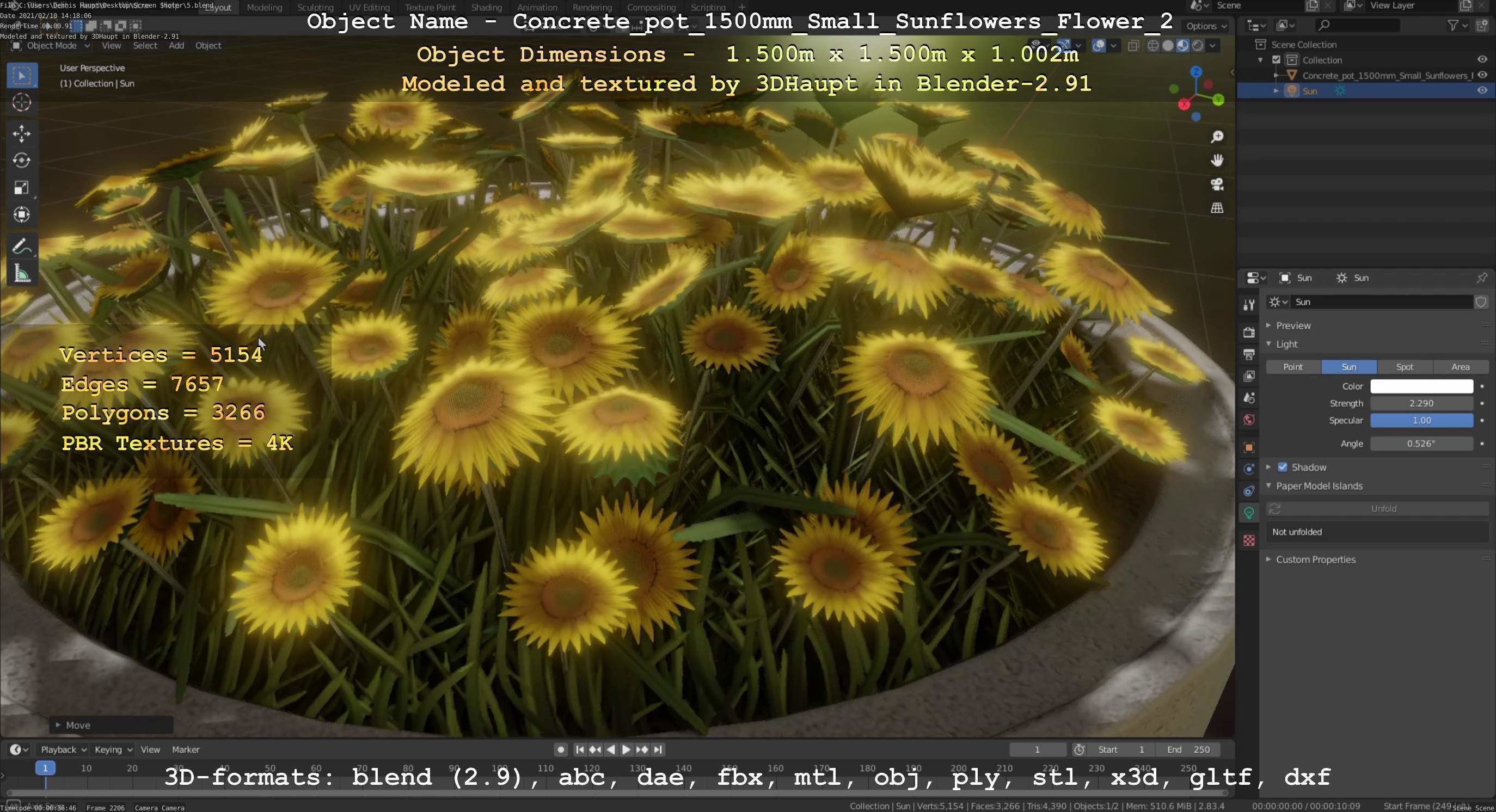 Concrete Pipe Pot 1500mm with Small Sunflowers Version 2 Low-poly 3D model_99