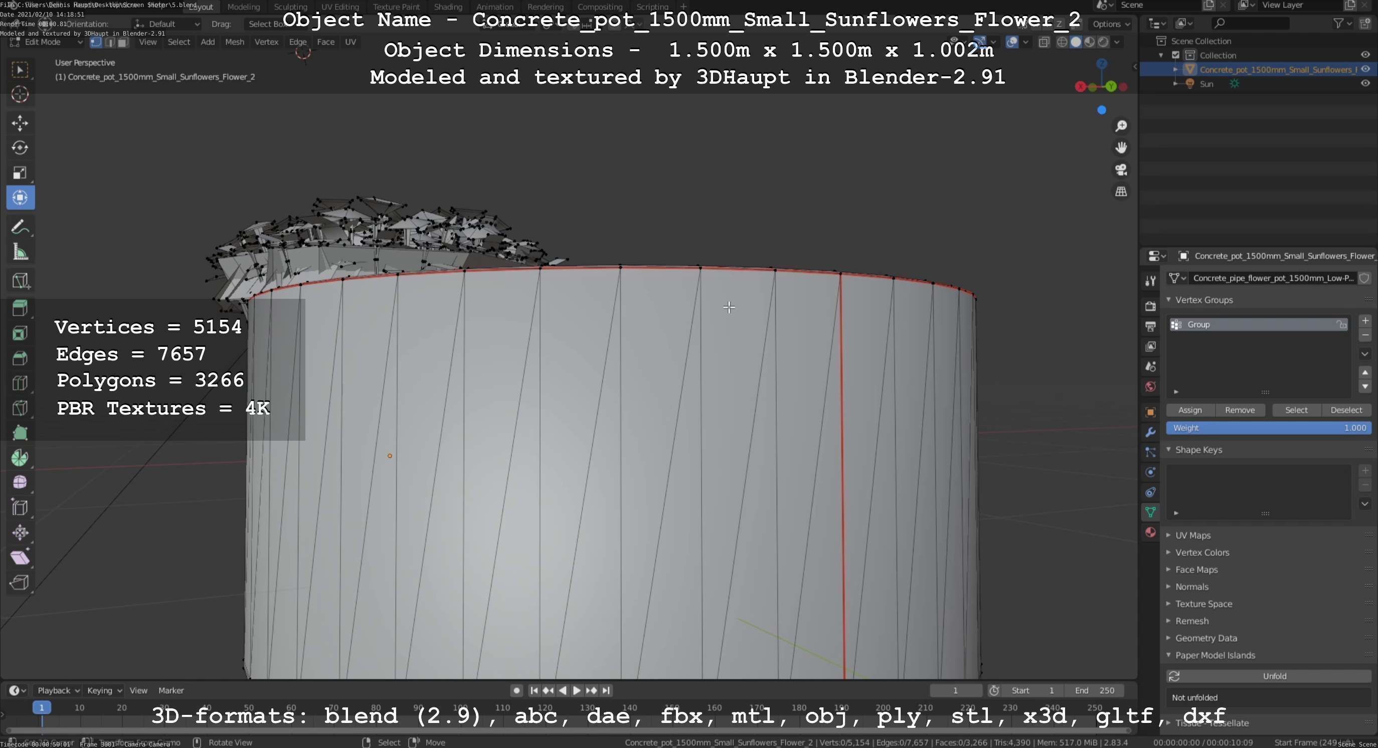 Concrete Pipe Pot 1500mm with Small Sunflowers Version 2 Low-poly 3D model_53