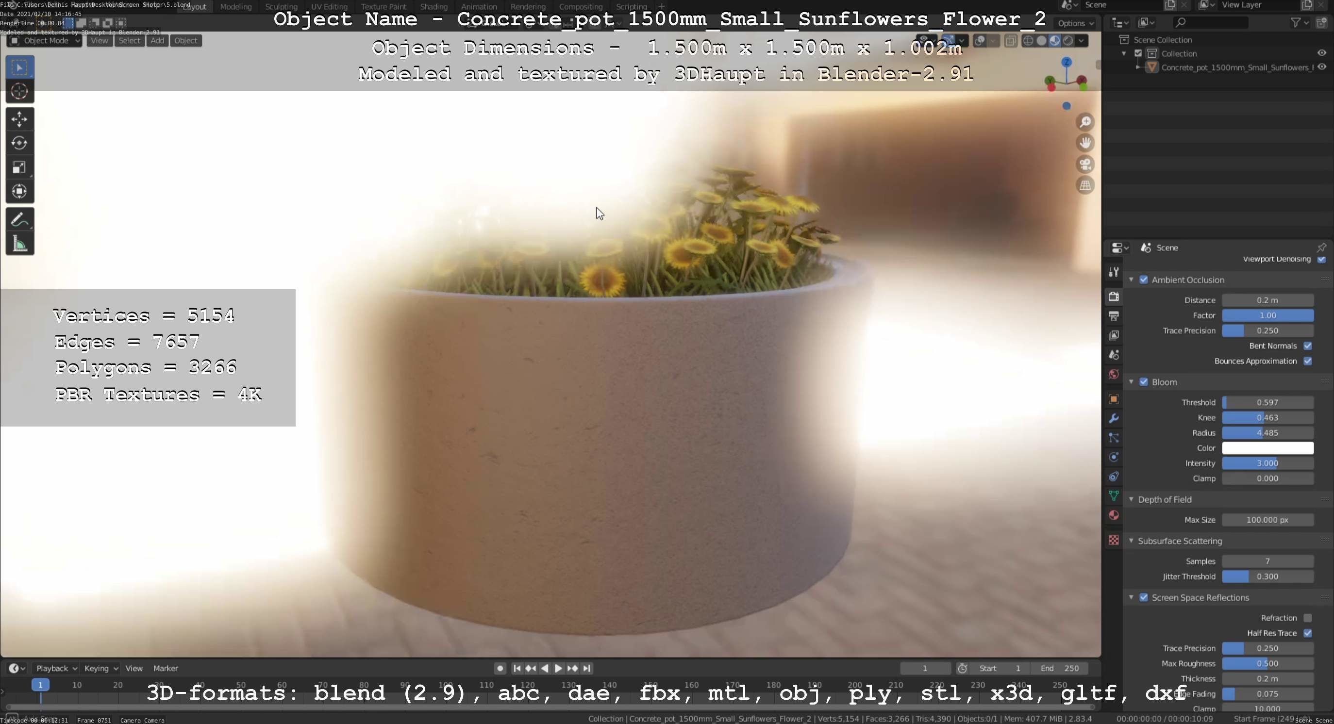 Concrete Pipe Pot 1500mm with Small Sunflowers Version 2 Low-poly 3D model_88