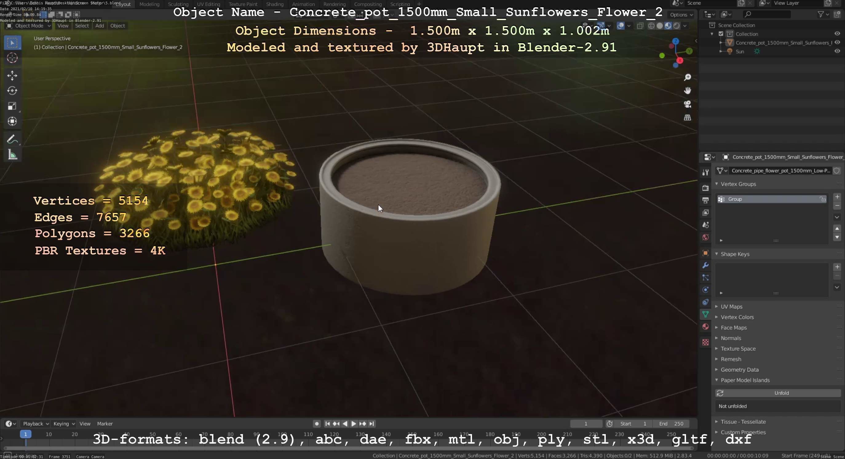 Concrete Pipe Pot 1500mm with Small Sunflowers Version 2 Low-poly 3D model_25