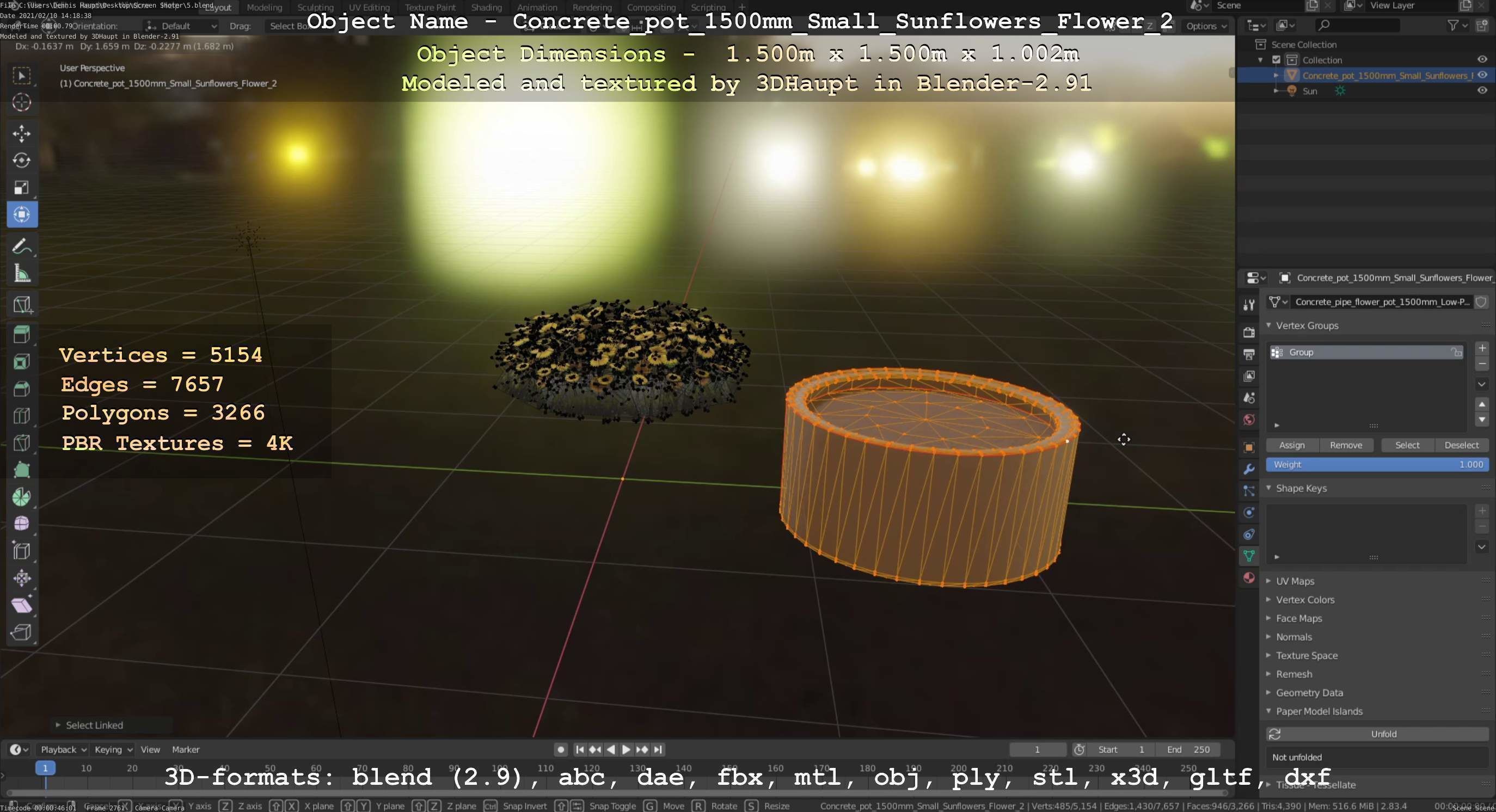 Concrete Pipe Pot 1500mm with Small Sunflowers Version 2 Low-poly 3D model_11